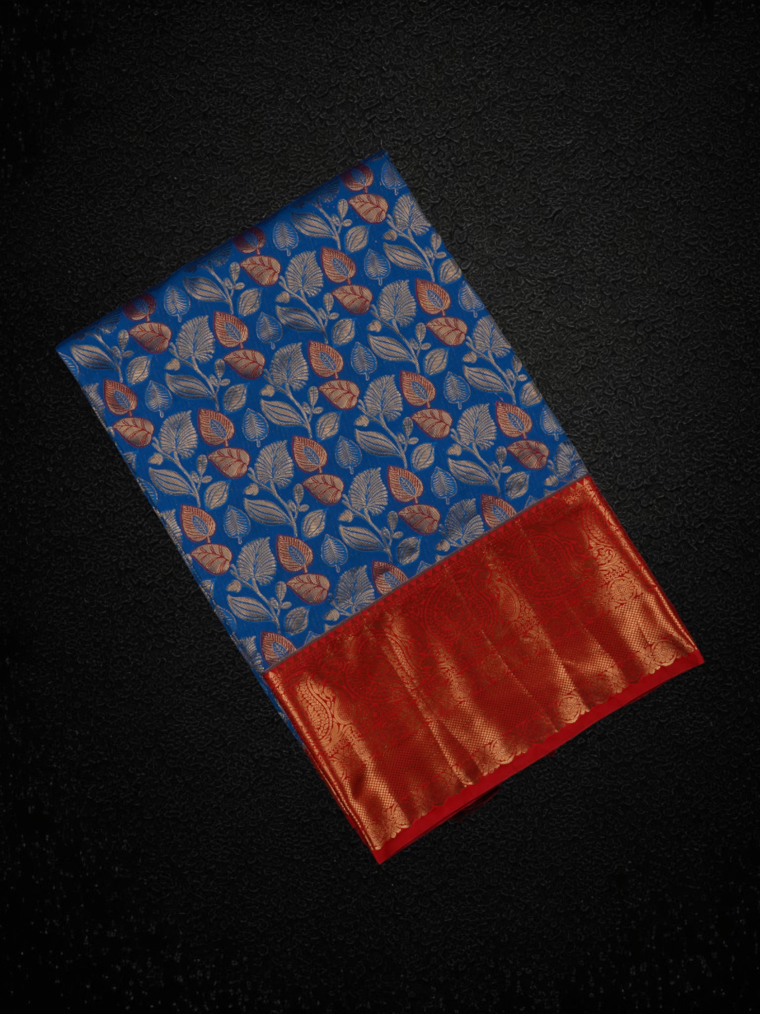 Blue Dharmavaram Silk Saree With Gold Zari Leaves