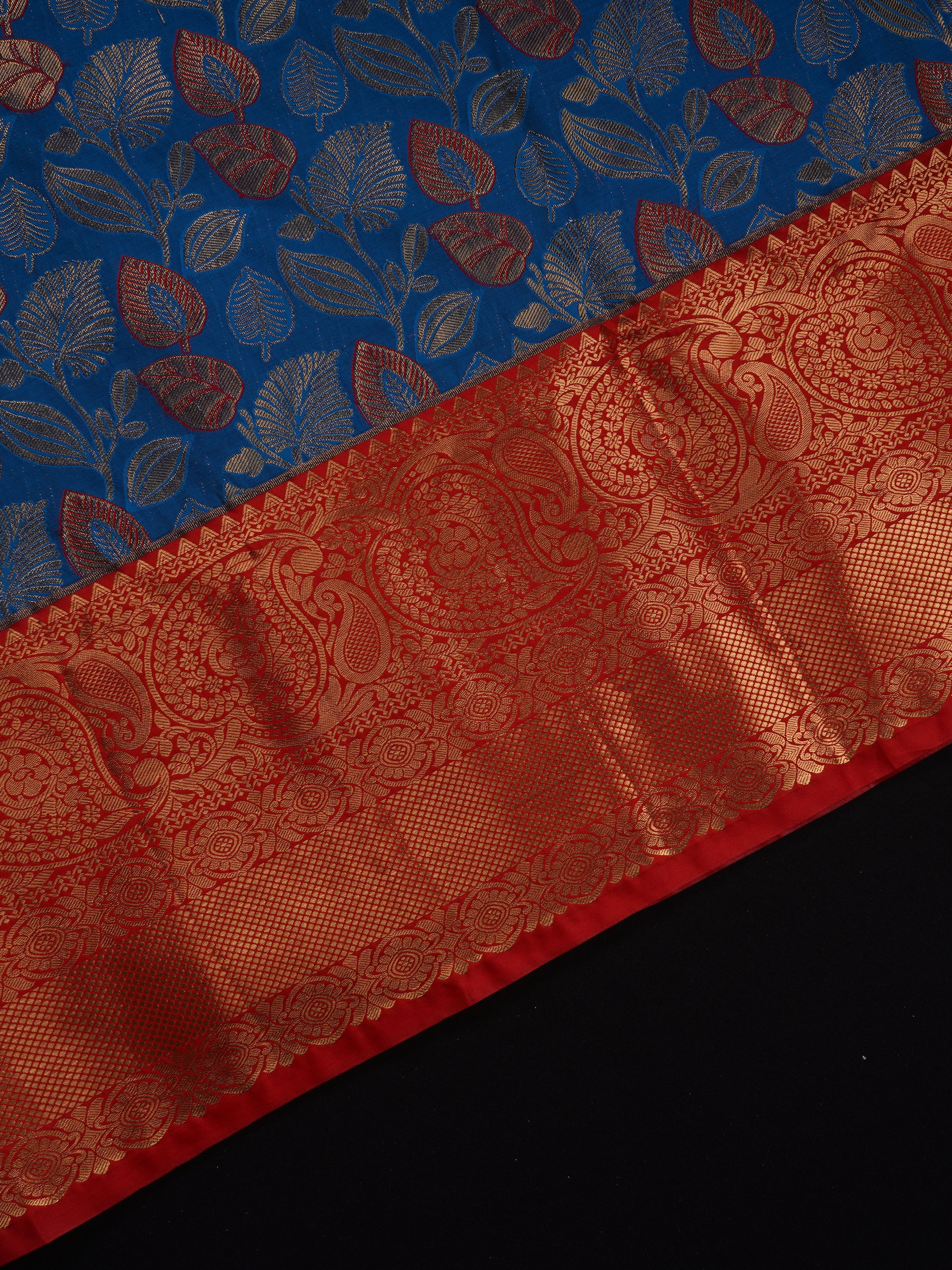 Blue Dharmavaram Silk Saree With Gold Zari Leaves