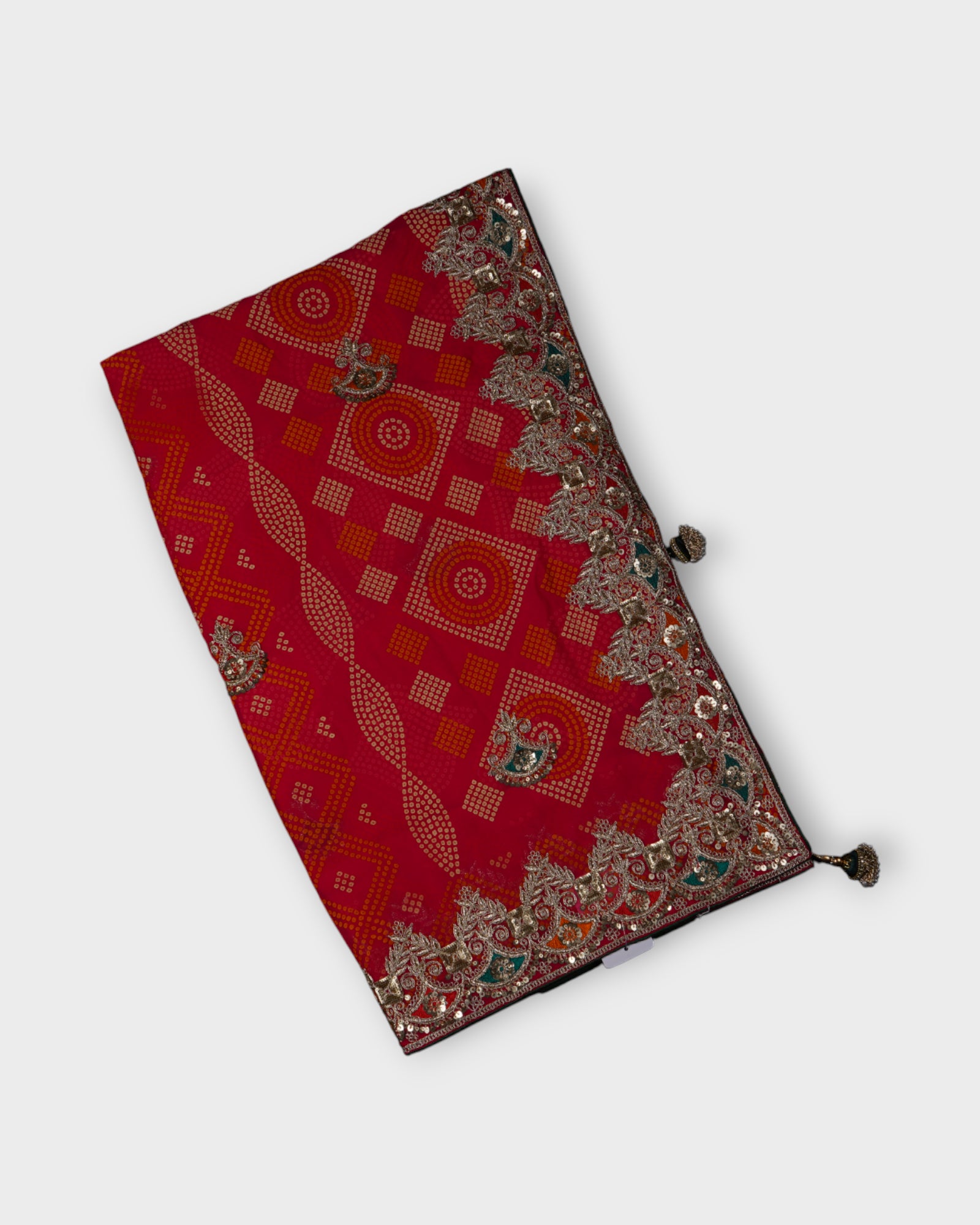 Red Bandhani Georgette Saree With Gold Accents