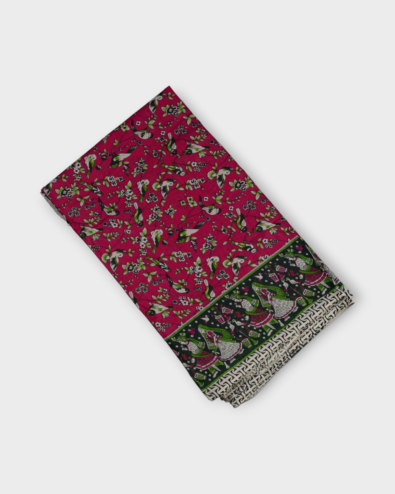 Pink Kalamkari Cotton Birds And Geometry Saree