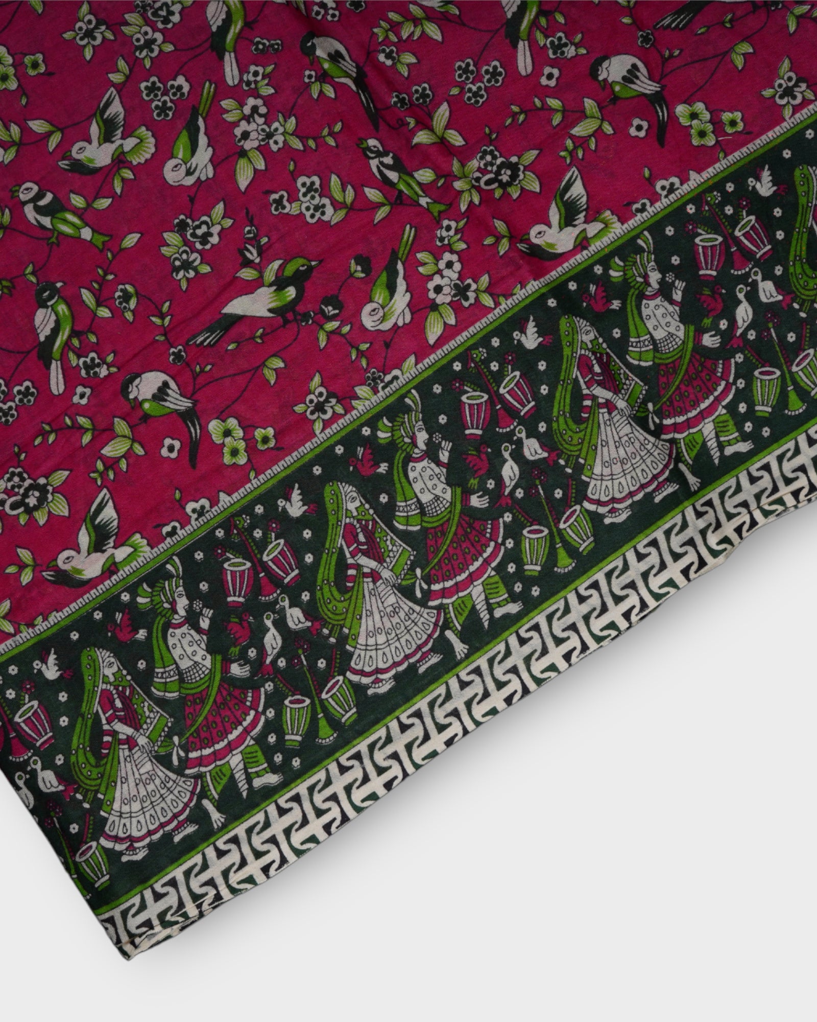 Pink Kalamkari Cotton Birds And Geometry Saree