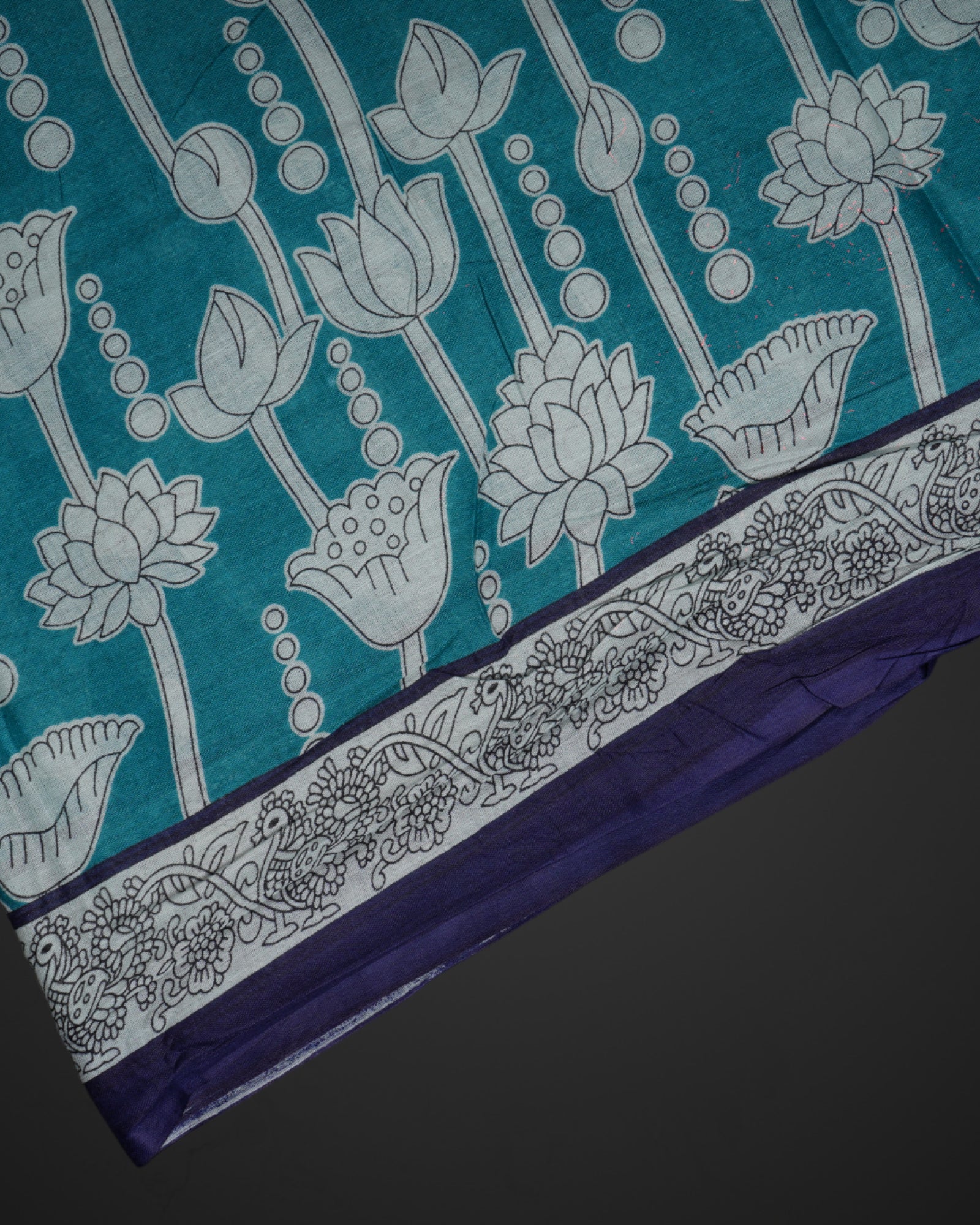 Blue Kalamkari Cotton Floral Lotus Saree