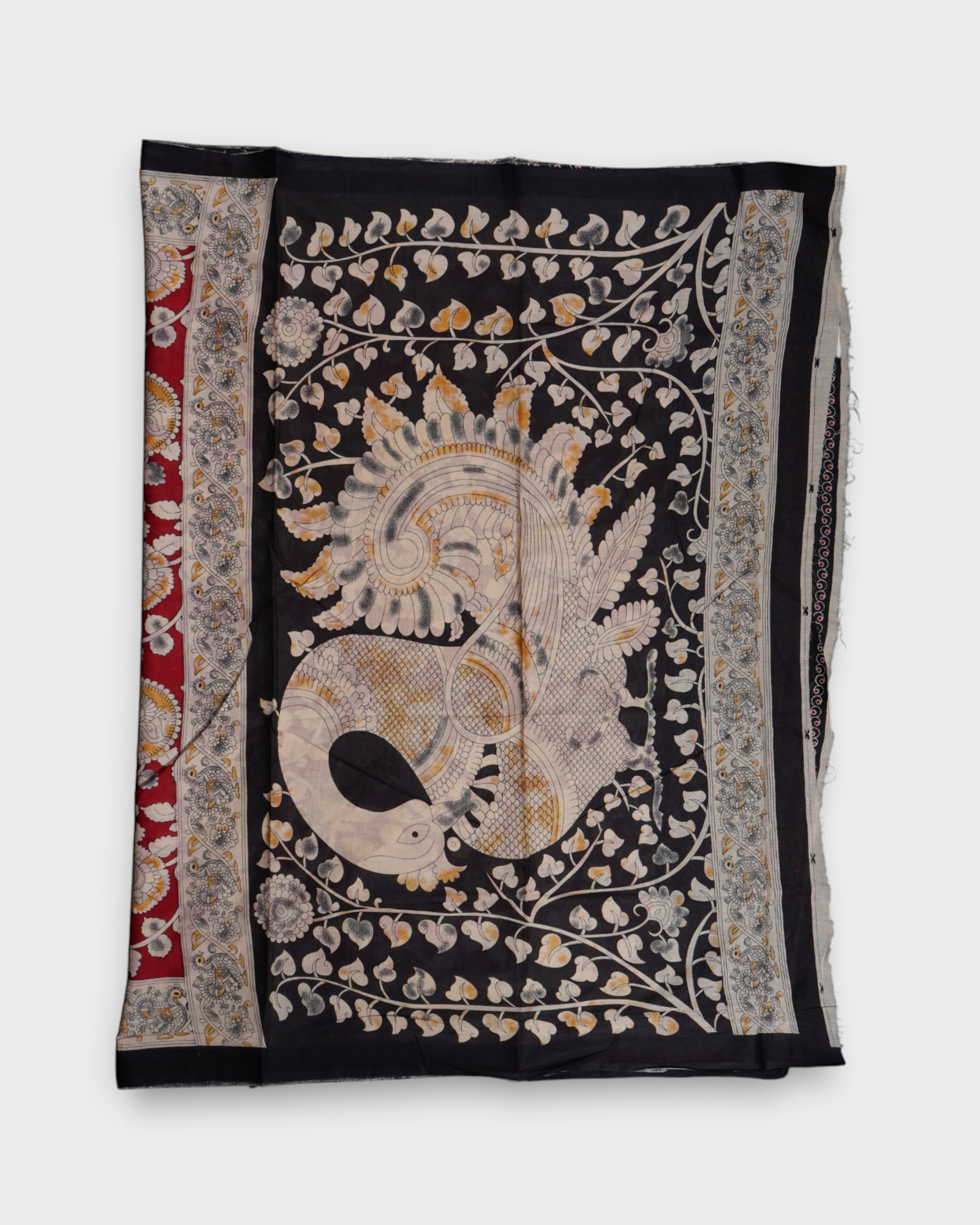 Red Kalamkari Cotton Peacock Print Saree