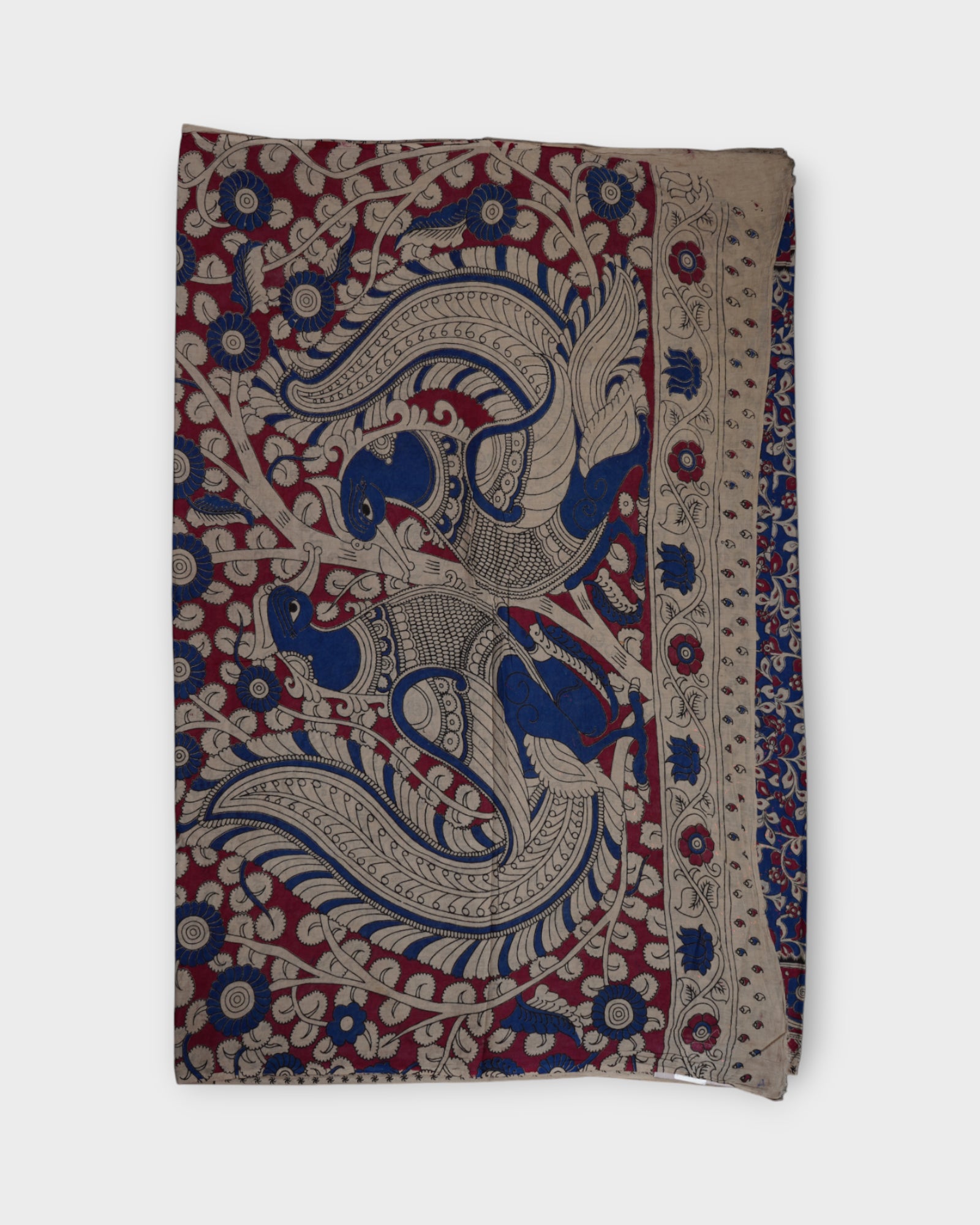 Blue Floral Kalamkari Printed Cotton Saree