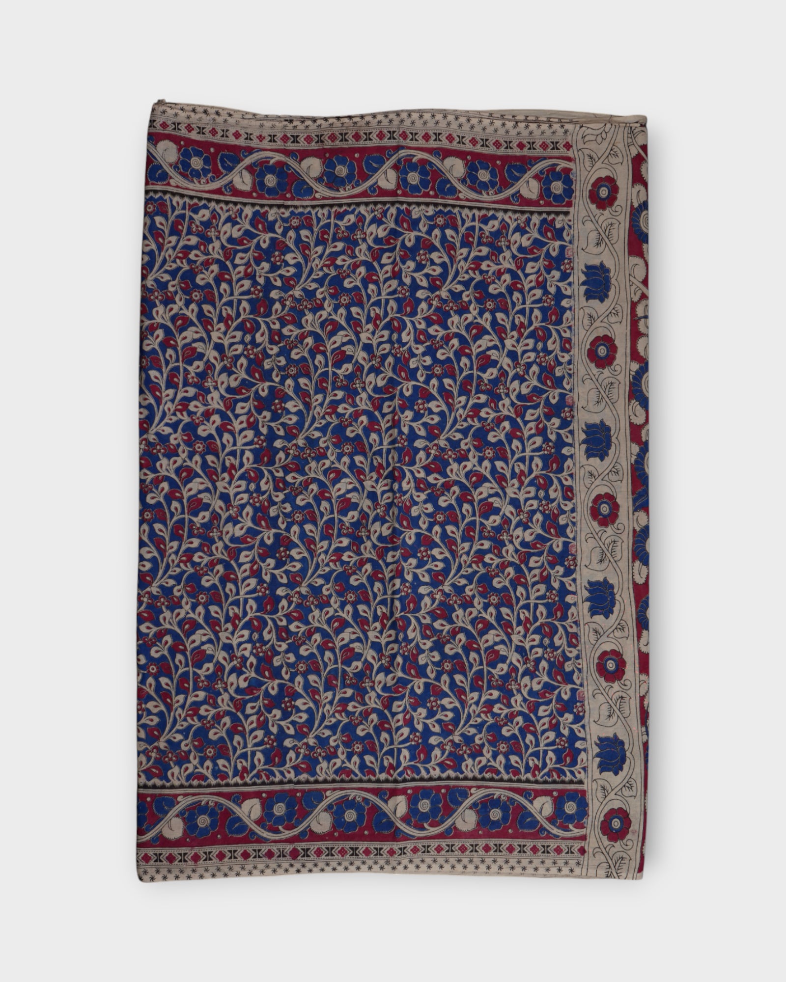 Blue Floral Kalamkari Printed Cotton Saree