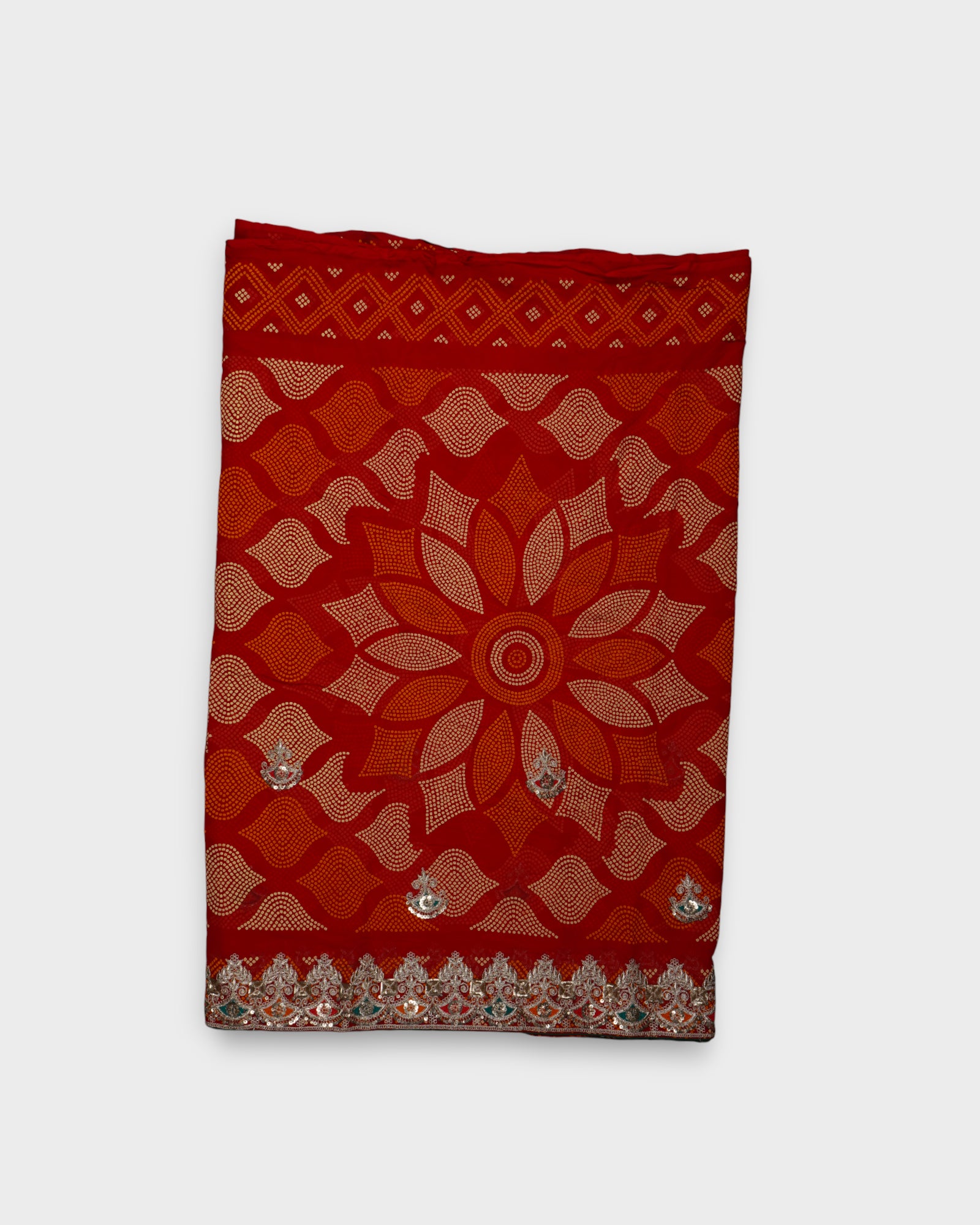 Red Bandhani Georgette Saree With Gold Butta