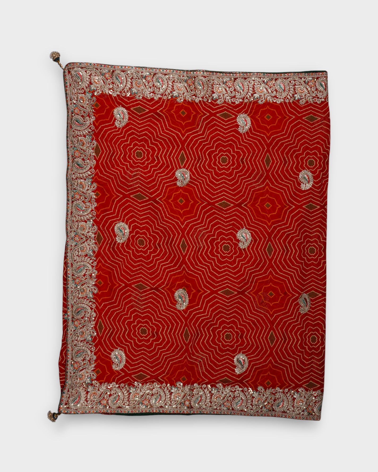 Red Bandhani Silk Saree With Gold Butta