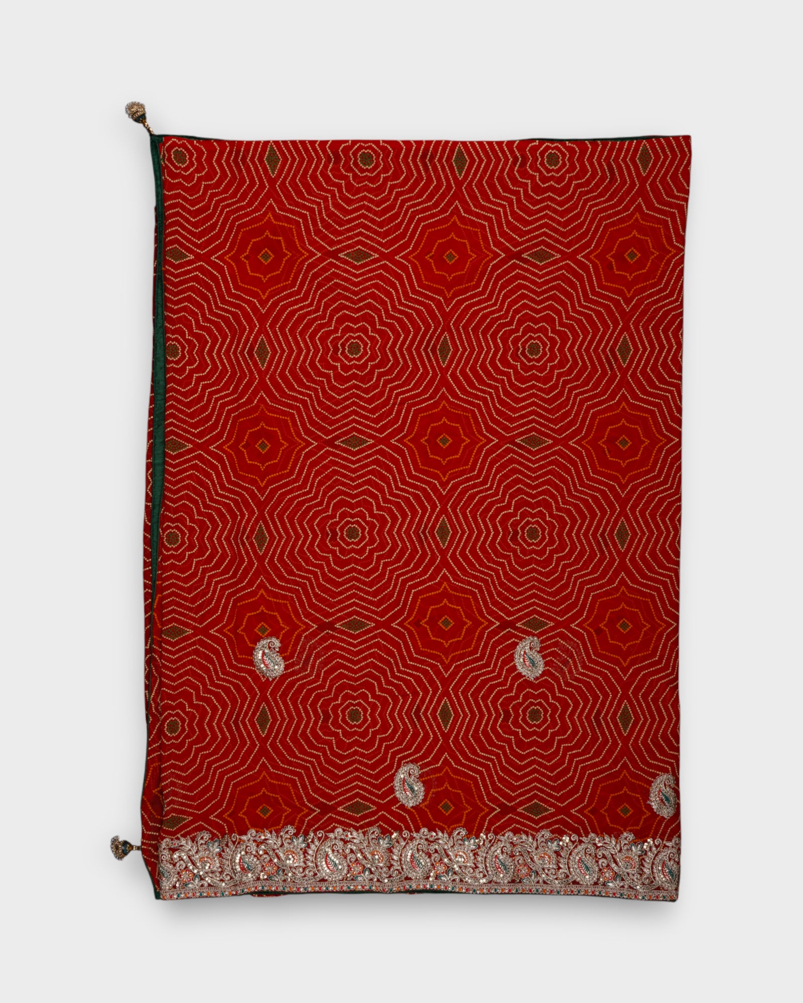 Red Bandhani Silk Saree With Gold Butta