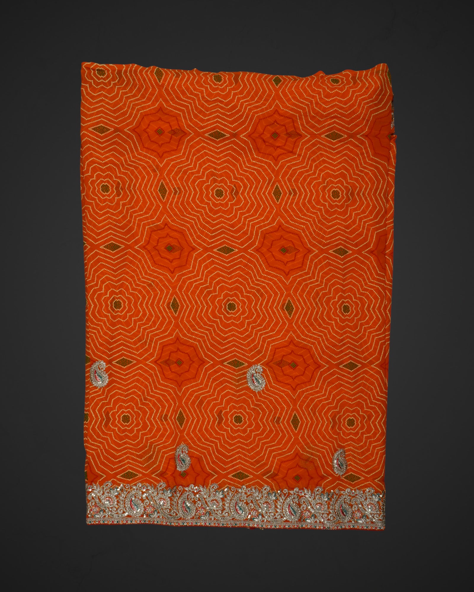 Geometric Bandhani Saree With Gold Accents