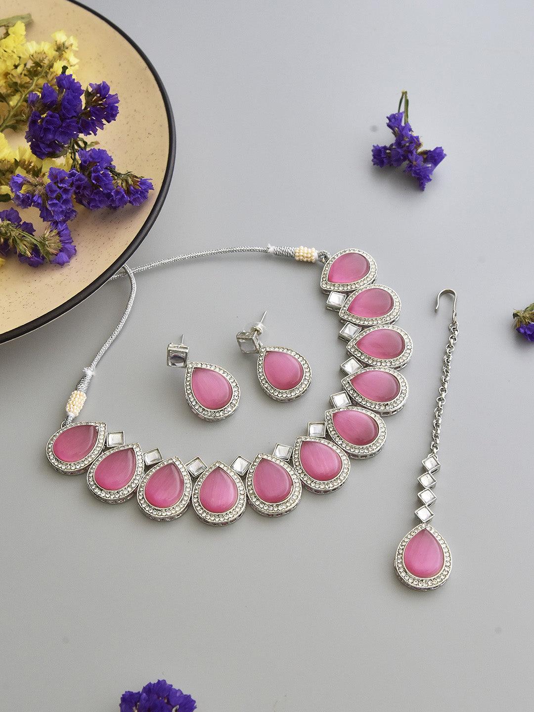Rose Radiance Zirconia Necklace Set with Maang Tikka - Dyulokha