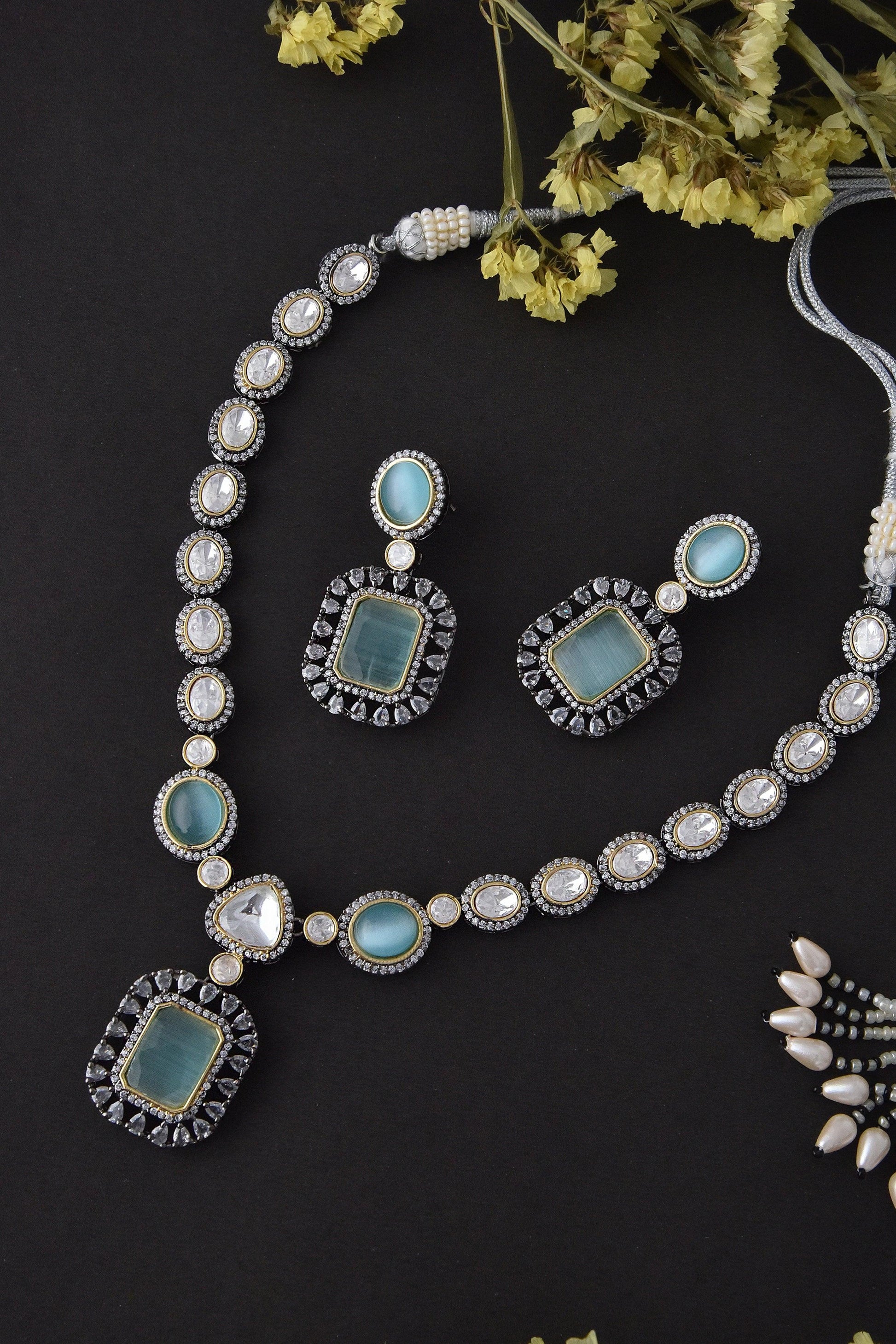 Mint Silver Polki Necklace Set - Dyulokha
