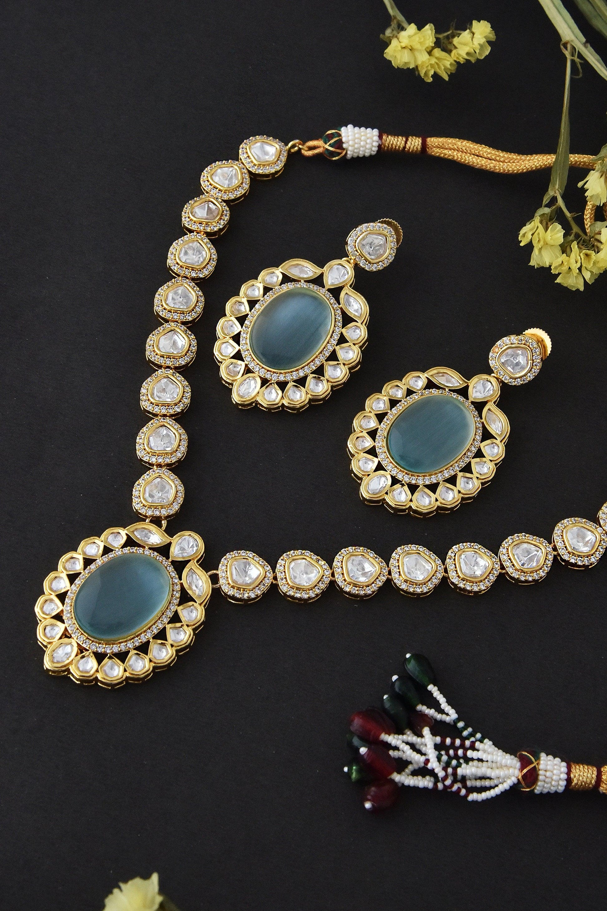Minty Glamour Polki Necklace Set - Dyulokha