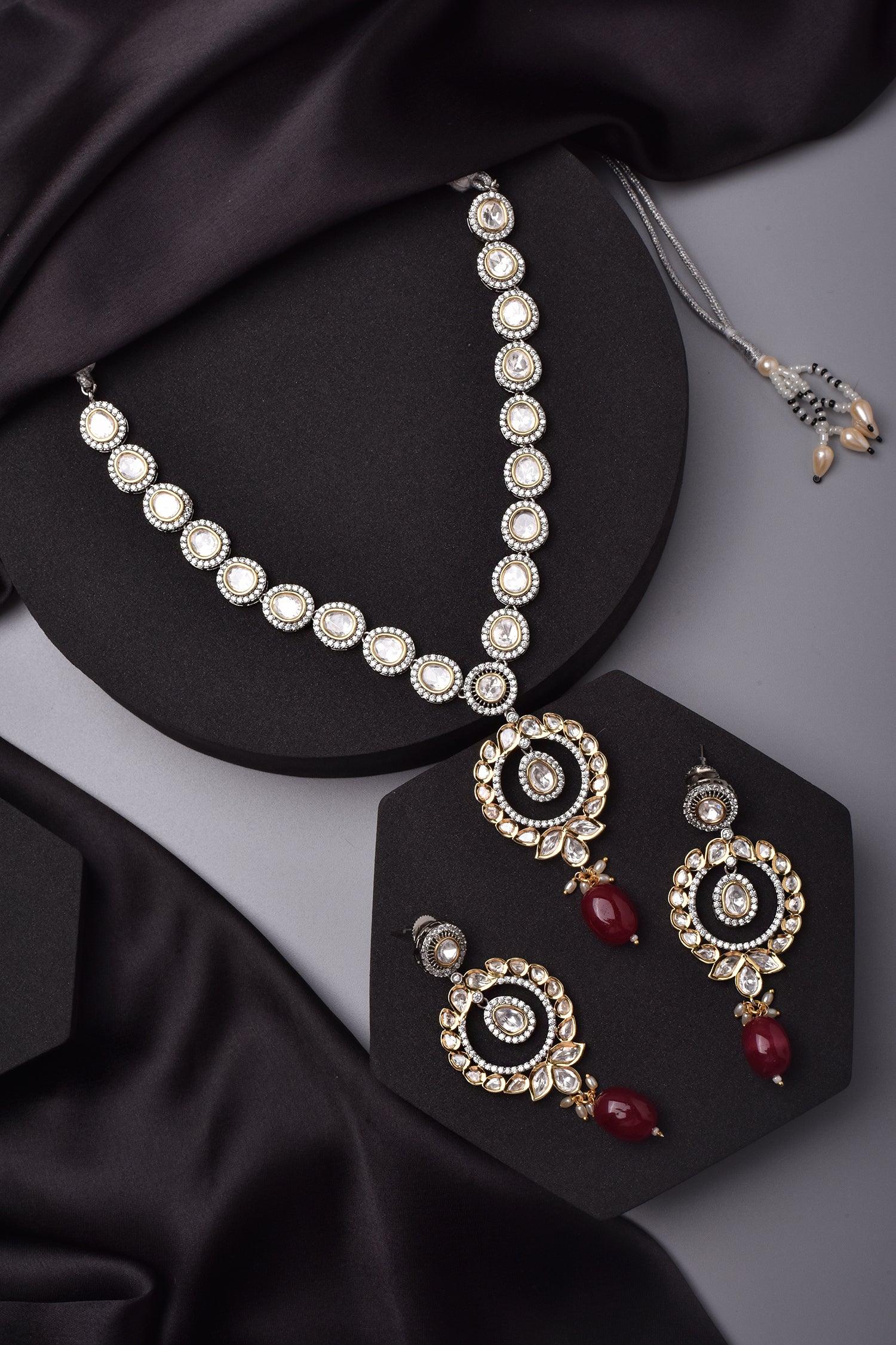 Ruby Radiance Silver Tone Polki Necklace Set - Dyulokha