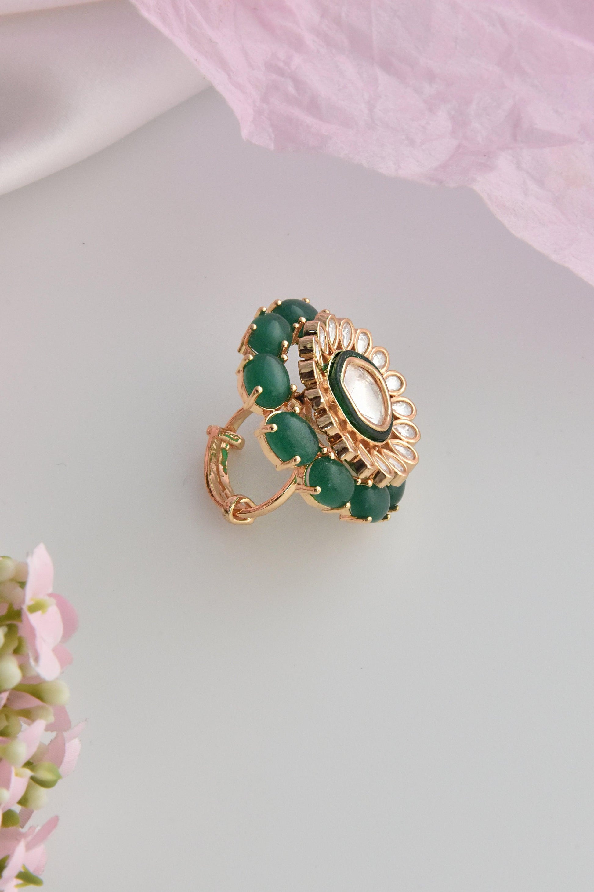 Green Rose Gold Polki Ring - Dyulokha
