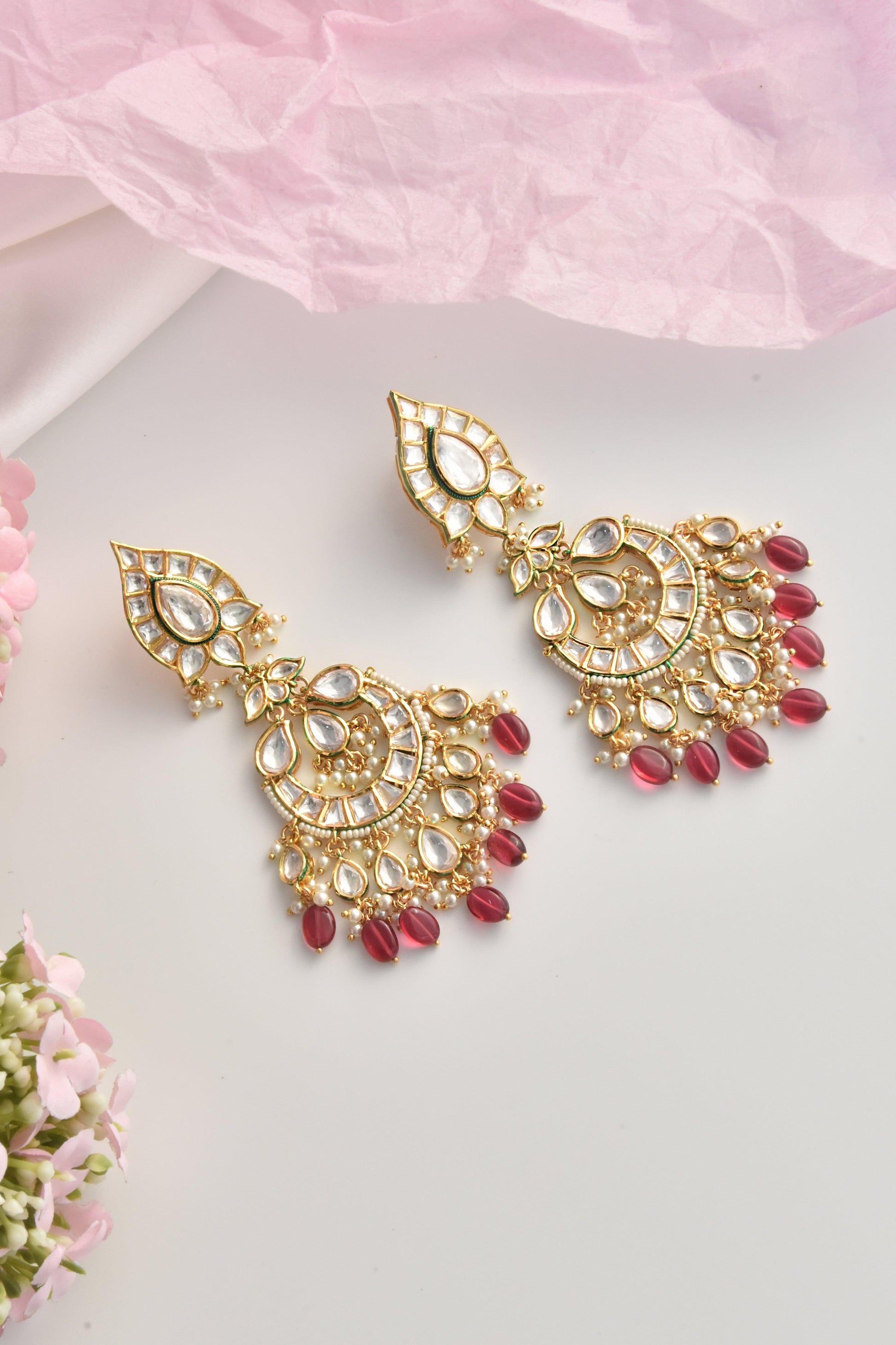 Crimson Sparkle Moissanite Chandbali Earrings - Dyulokha