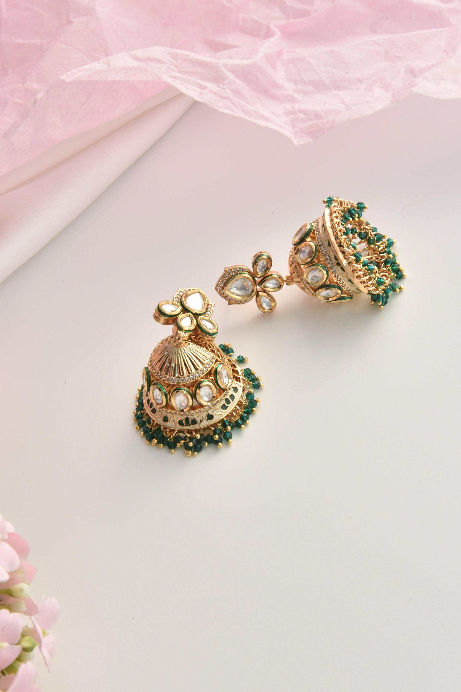 Emerald Gleam Polki Jhumka Earrings - Dyulokha