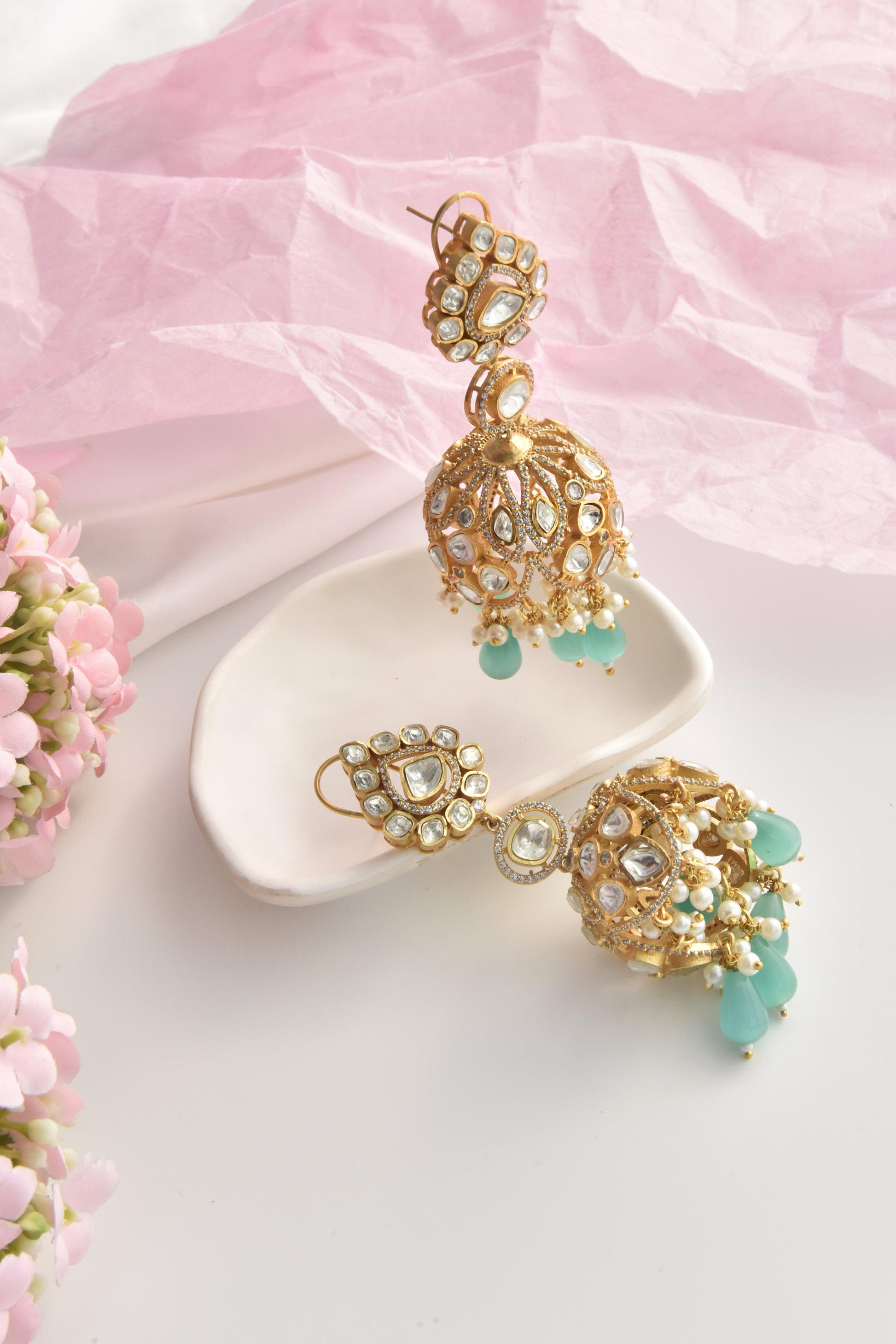 Minty Sparkle Jhumka Earrings - Dyulokha