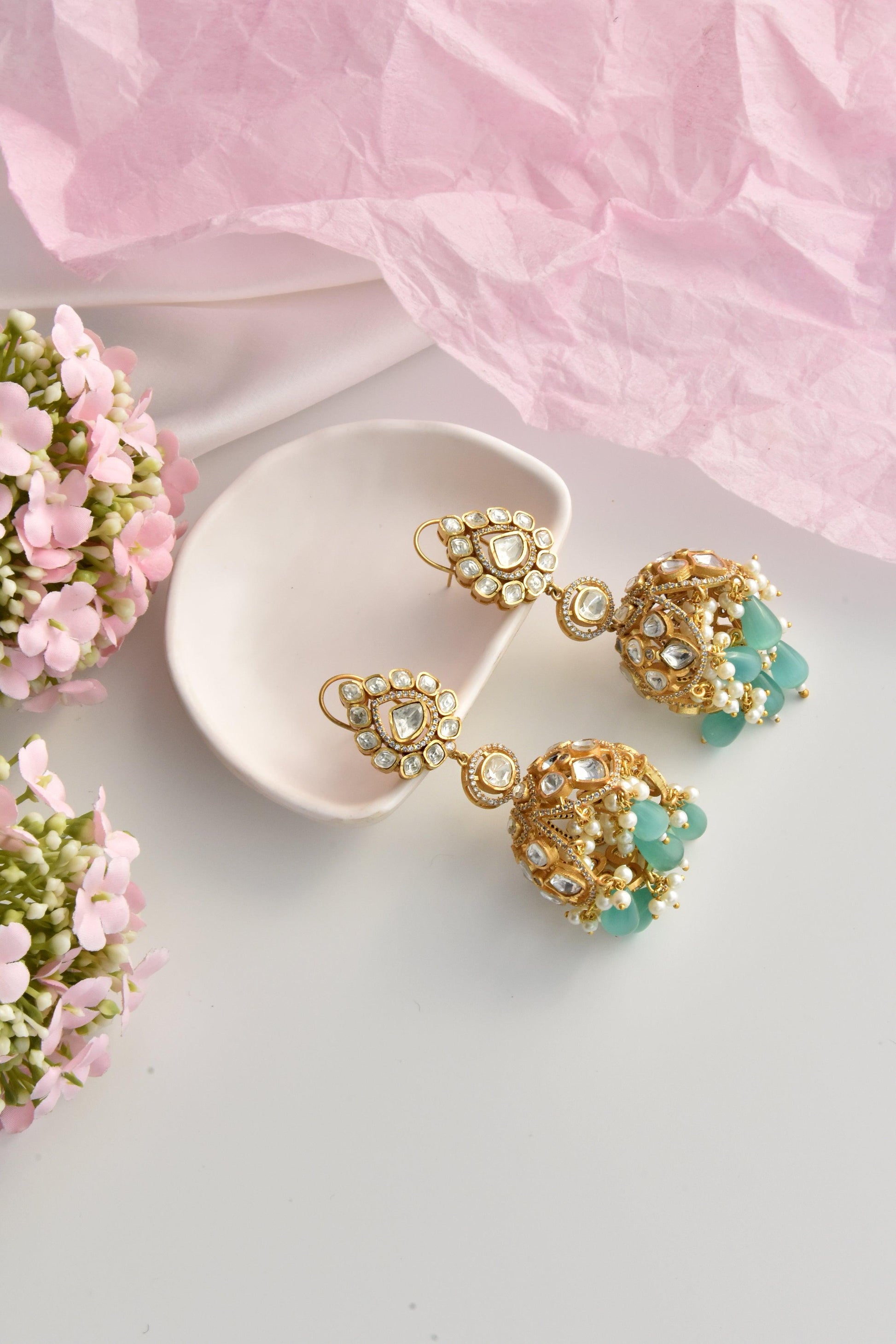 Minty Sparkle Jhumka Earrings - Dyulokha