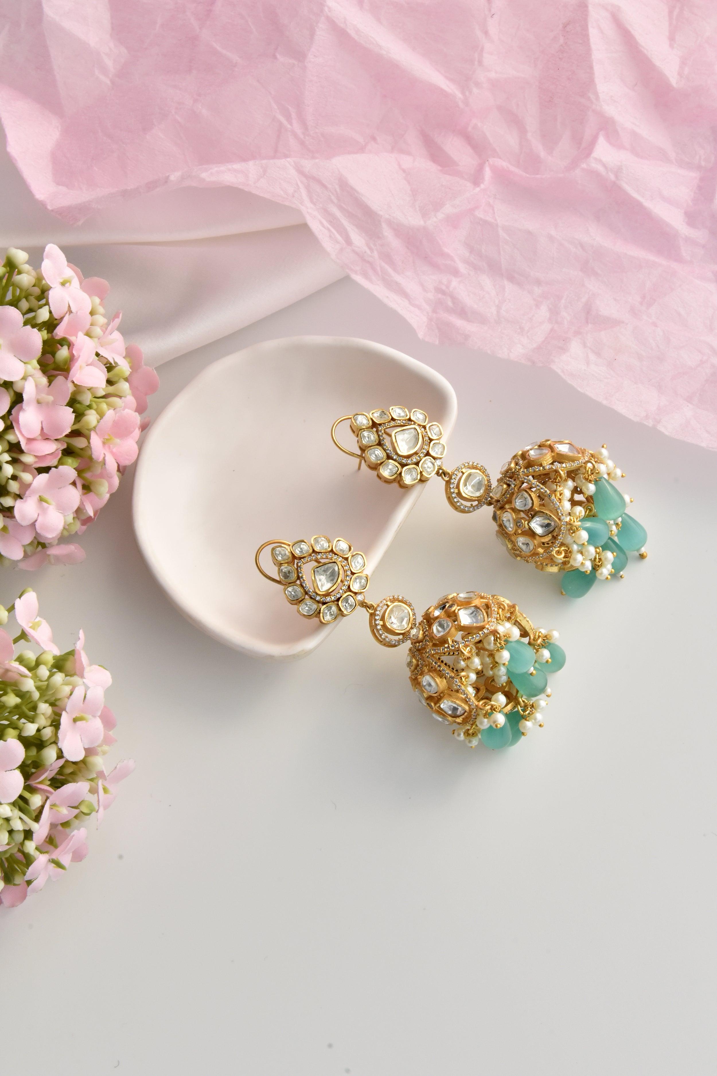 Minty Sparkle Jhumka Earrings - Dyulokha