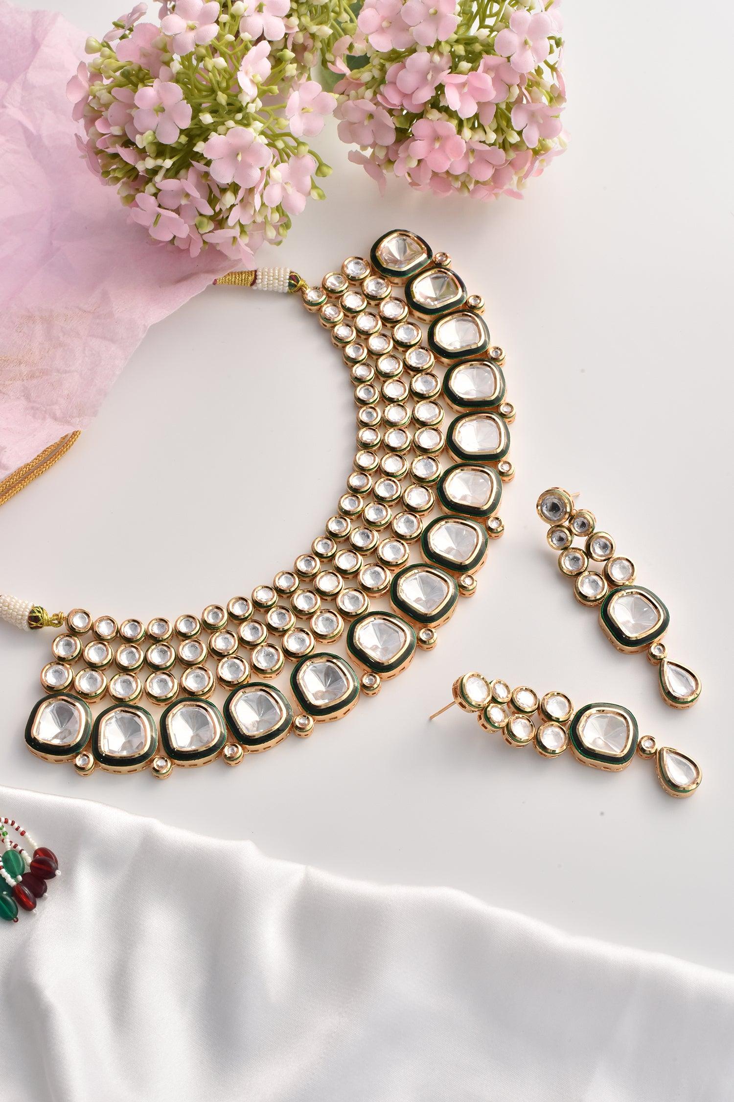 Golden Sparkle Moissanite Polki Necklace Set - Dyulokha