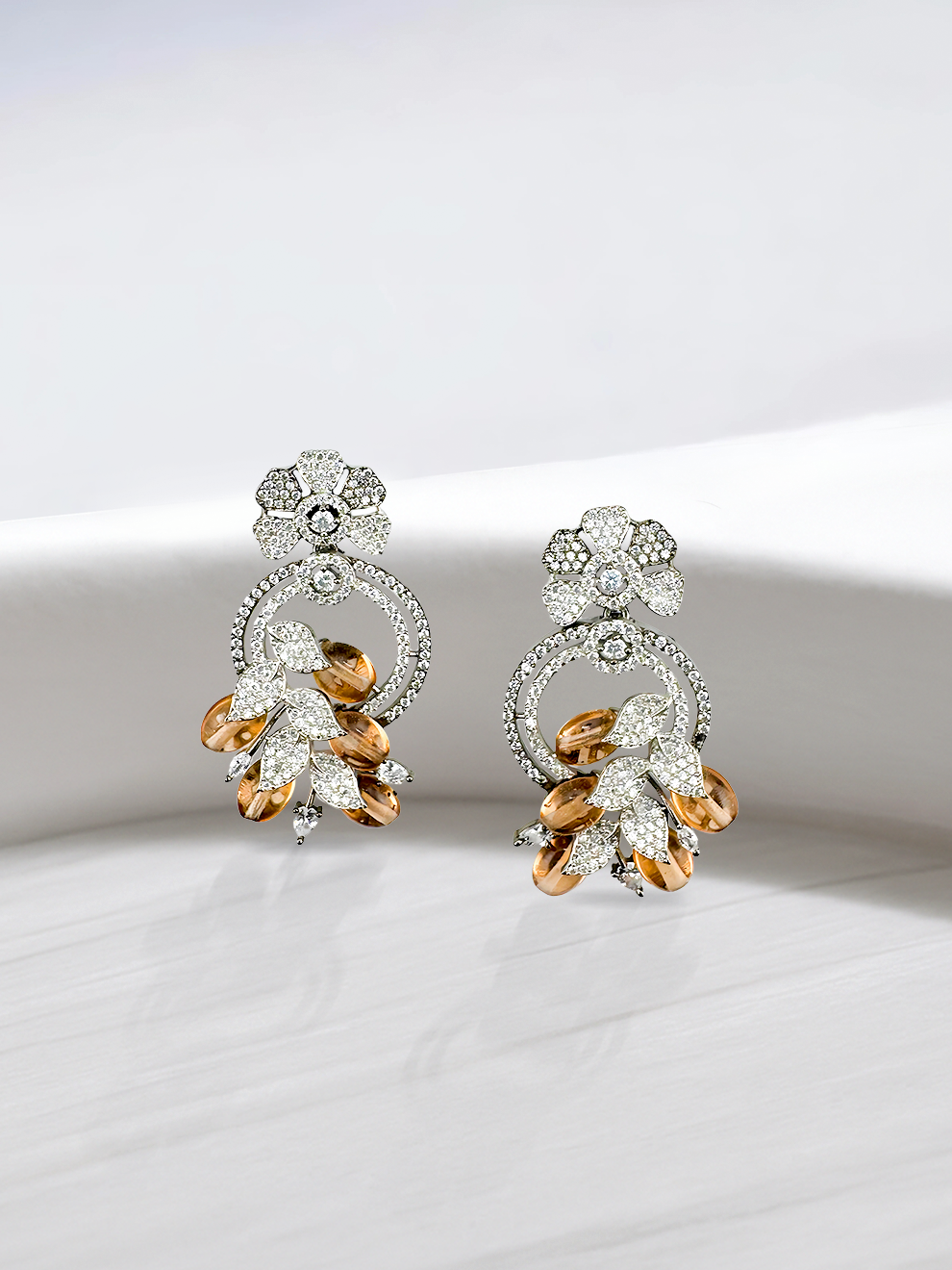 Brown Stone Leaf & Petal Drop Earrings
