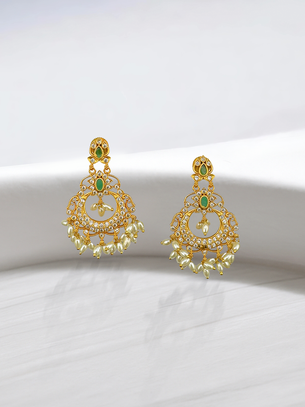Pearl Drop Chandbali with White CZ Stones