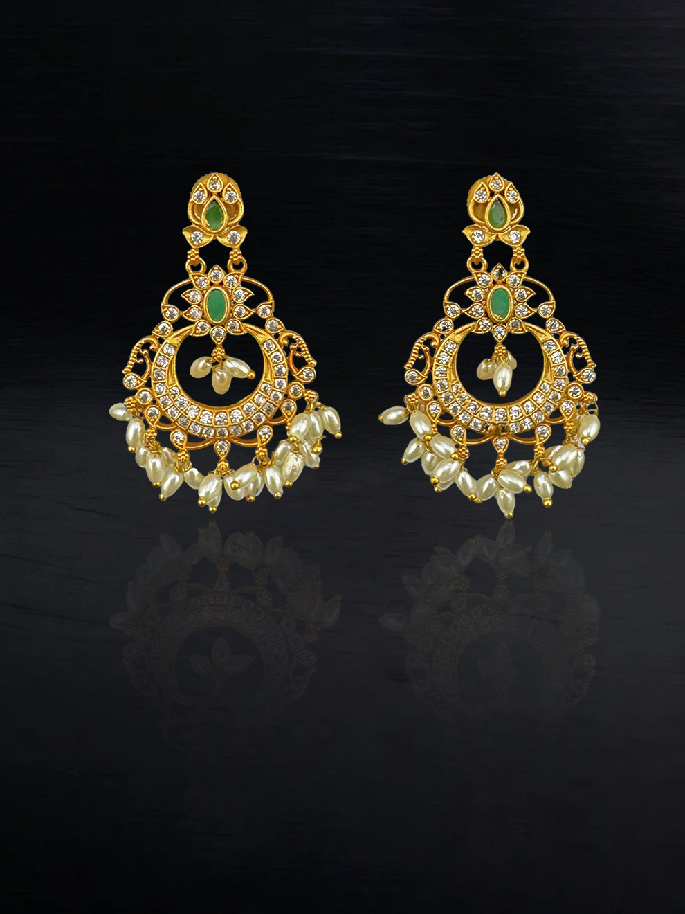 Pearl Drop Chandbali with White CZ Stones