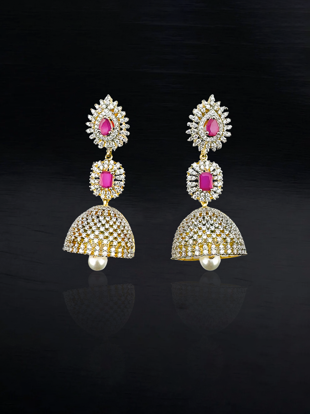 Jhumkas with White CZ and Pink Stones