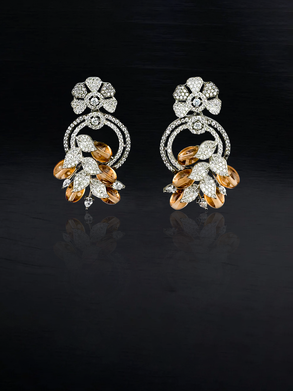 Brown Stone Leaf & Petal Drop Earrings