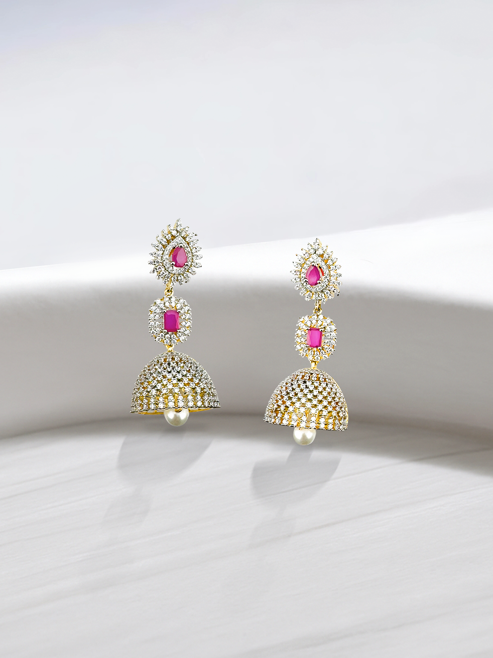 Jhumkas with White CZ and Pink Stones