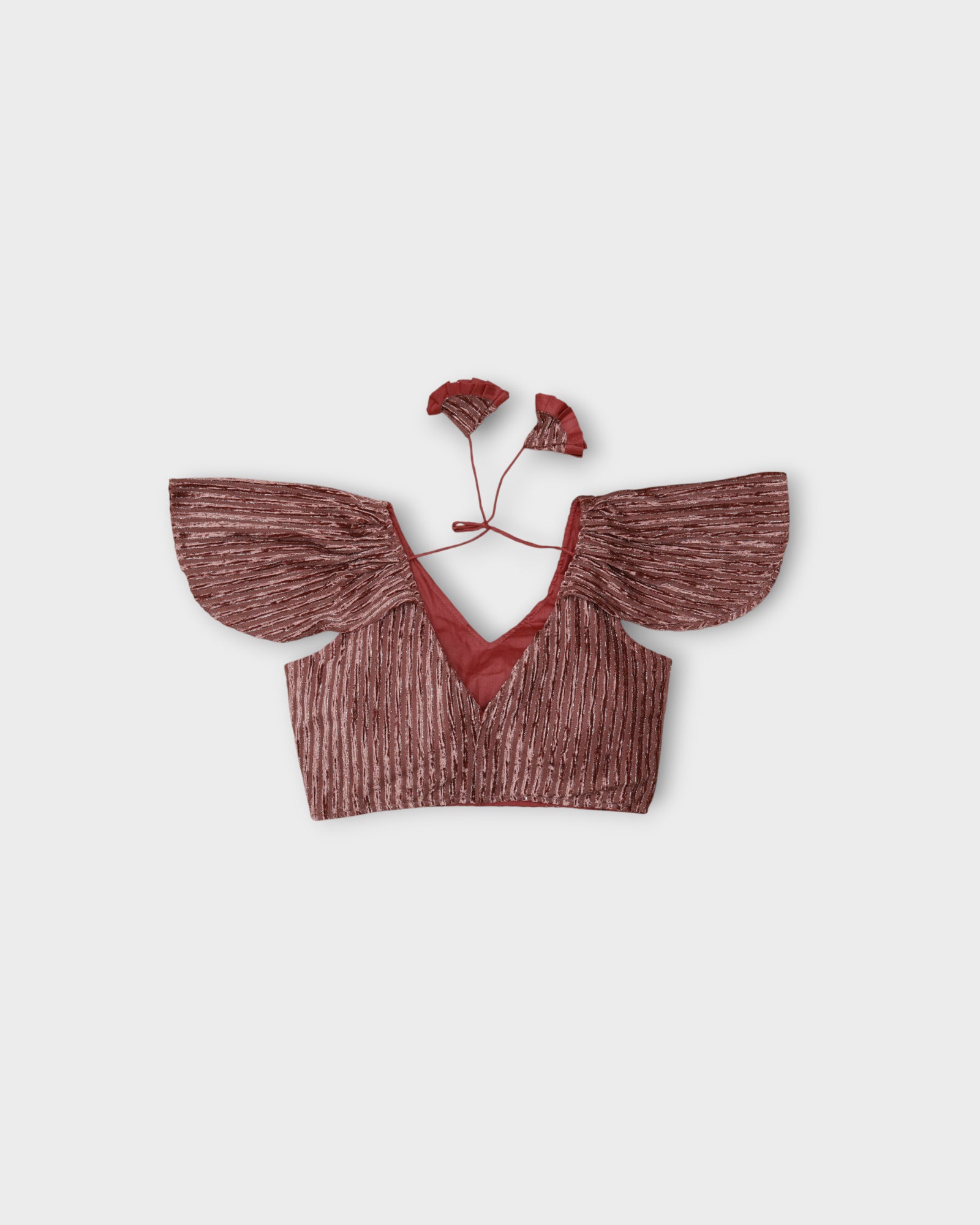Velvet Ruffle Sleeve V Neck Readymade Blouse