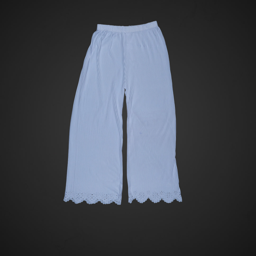 White Cotton Palazzos with Floral Ankle Detail