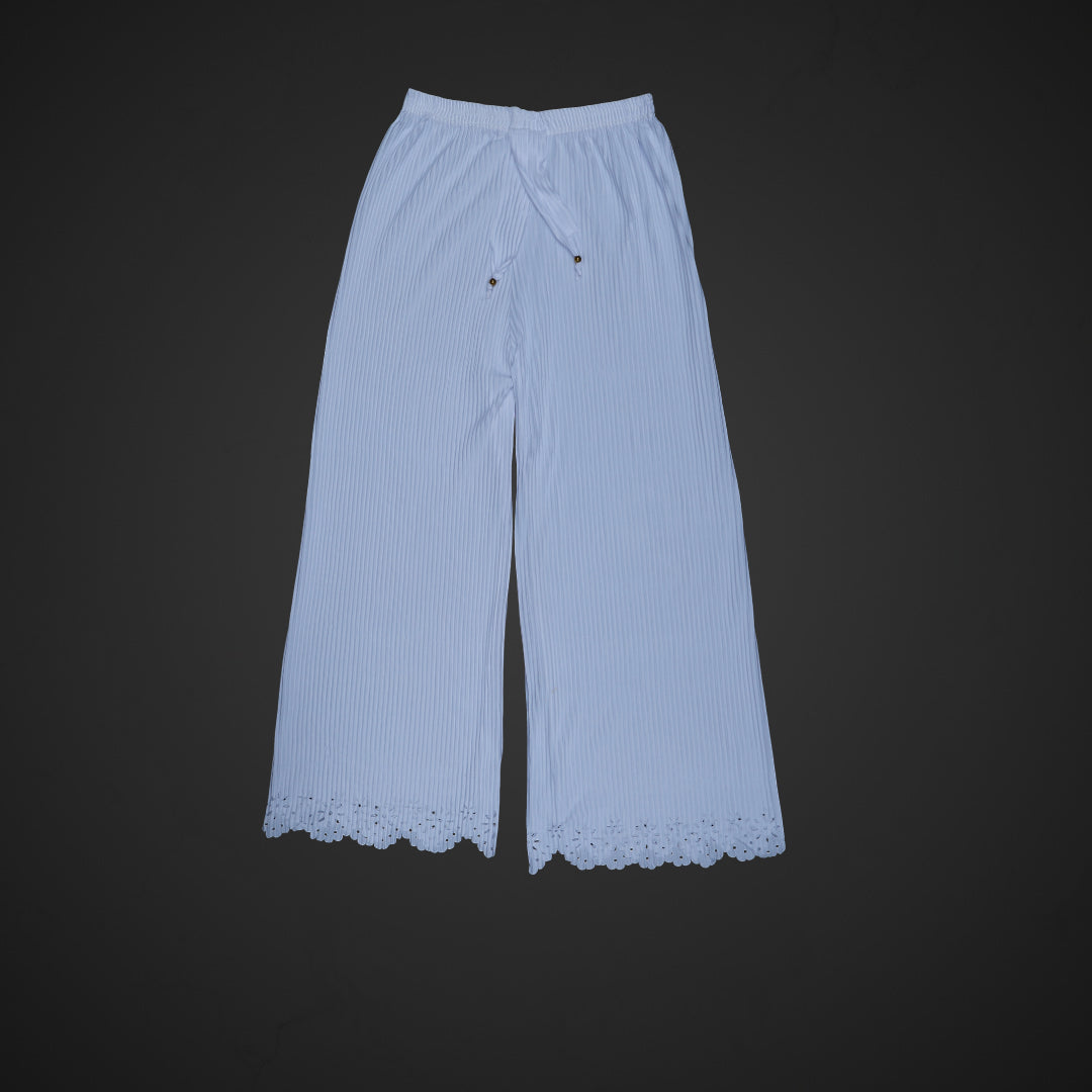 White Cotton Palazzos with Floral Ankle Detail