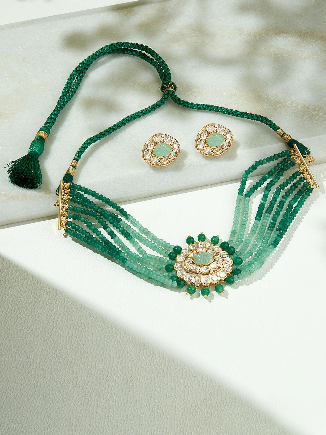 Green Bliss Multi-Shaded Polki Choker Set - Dyulokha