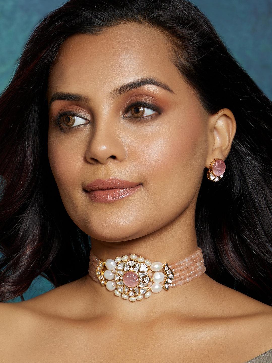 Peachy Radiance Vibrant Beaded Polki Set - Dyulokha