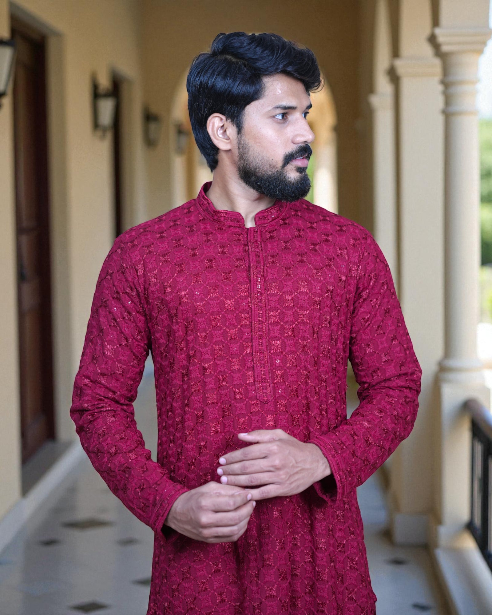 Cotton Blend Woven Kurta Pajama Set