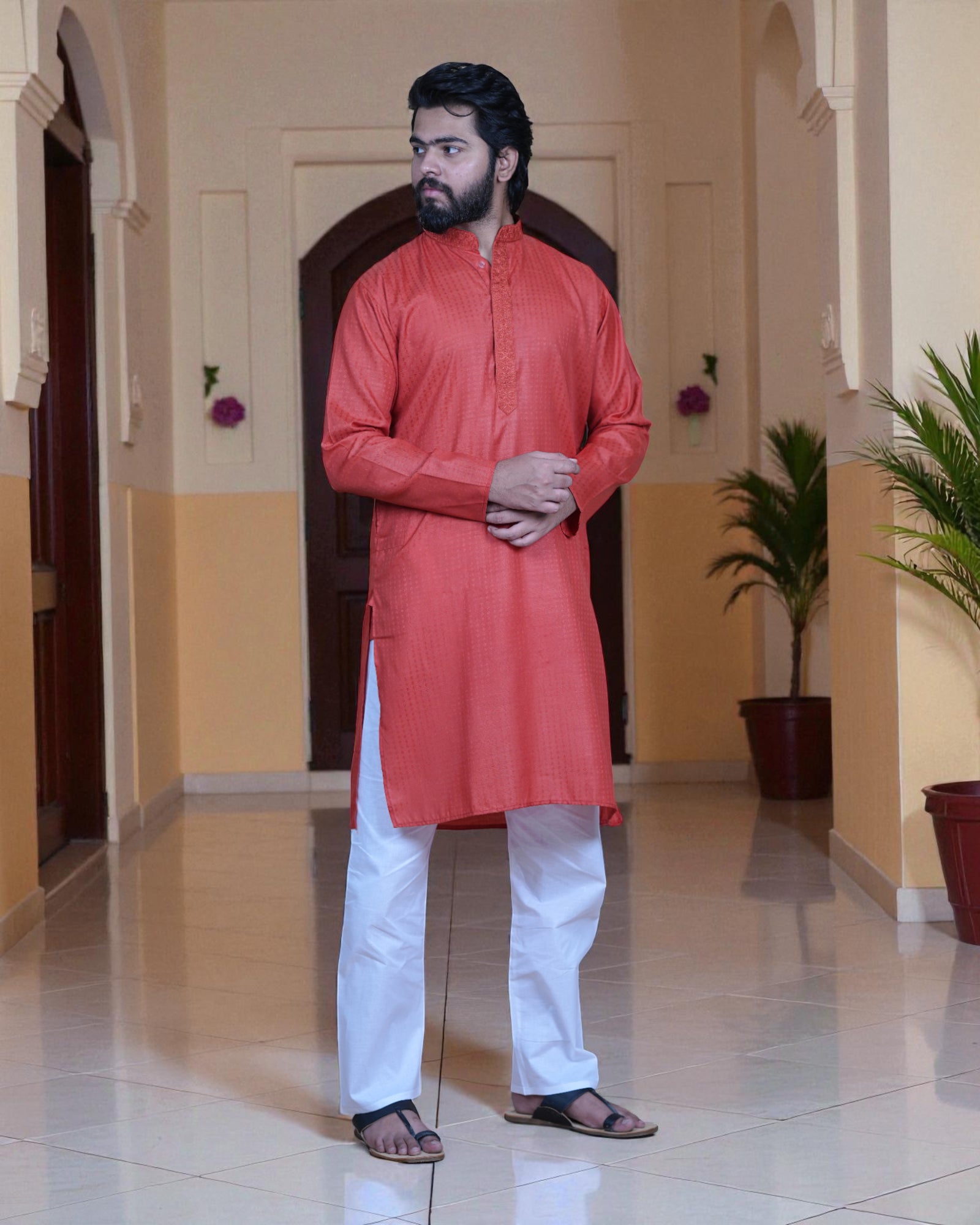 Textured Cotton Blend Kurta Pajama