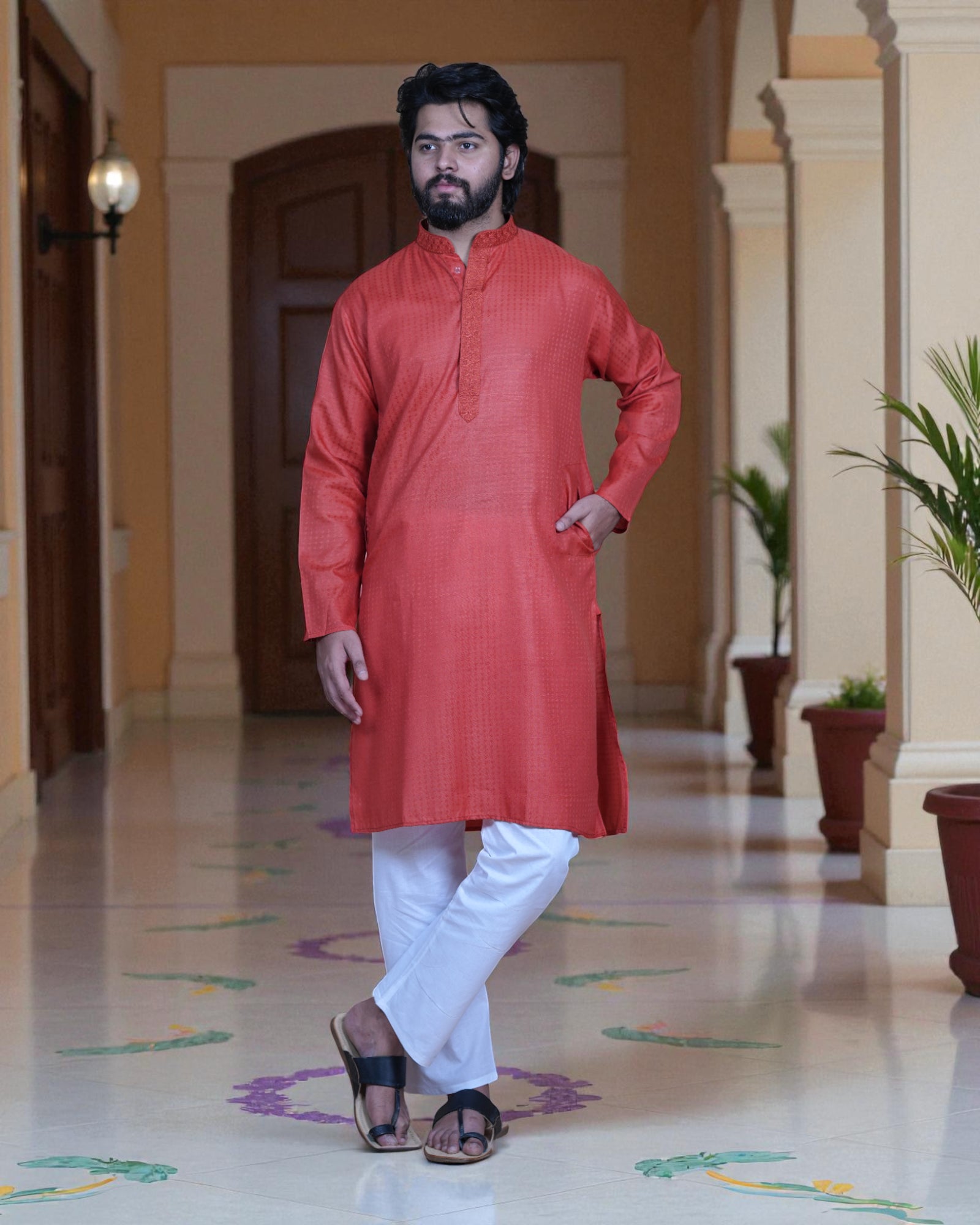 Textured Cotton Blend Kurta Pajama
