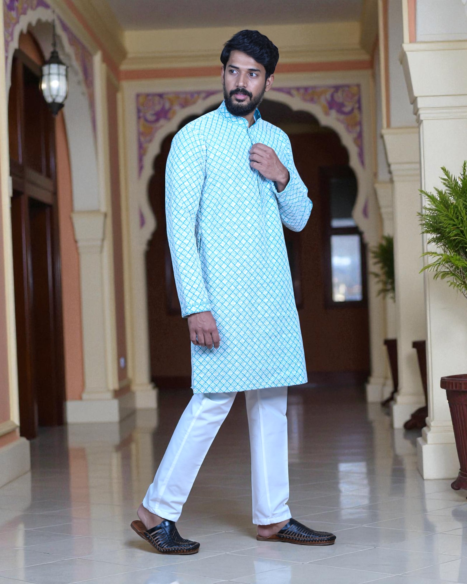 Cotton Blend Sequin Embroidered Kurta Pajama