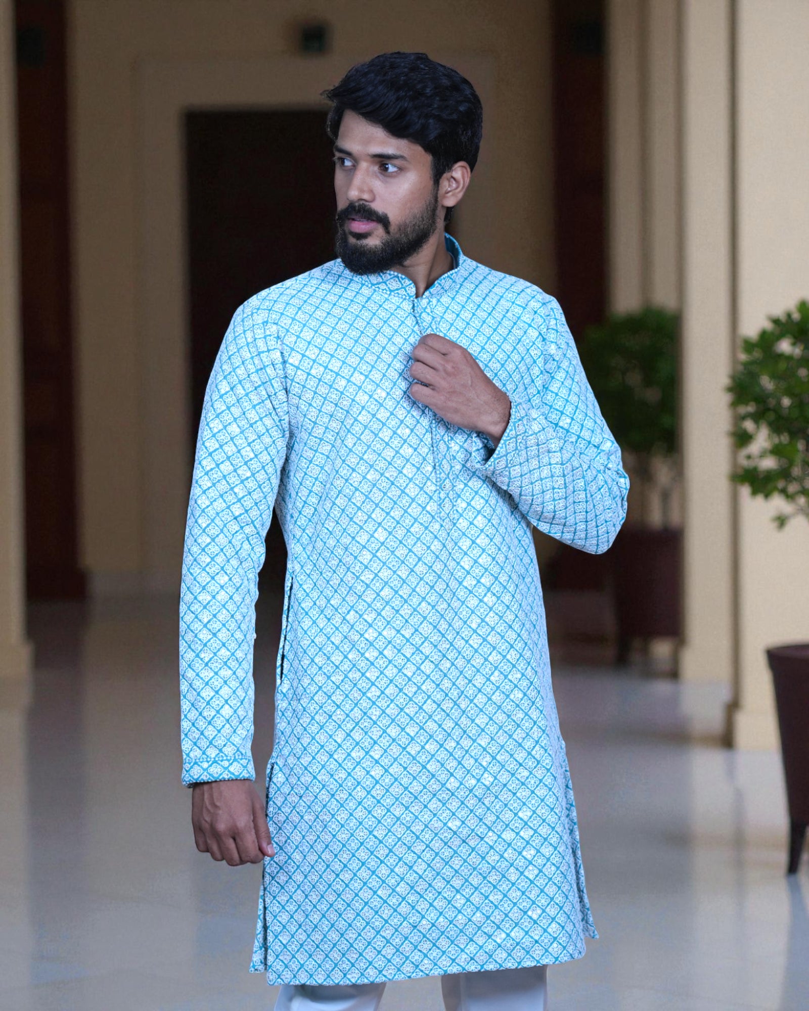 Cotton Blend Sequin Embroidered Kurta Pajama