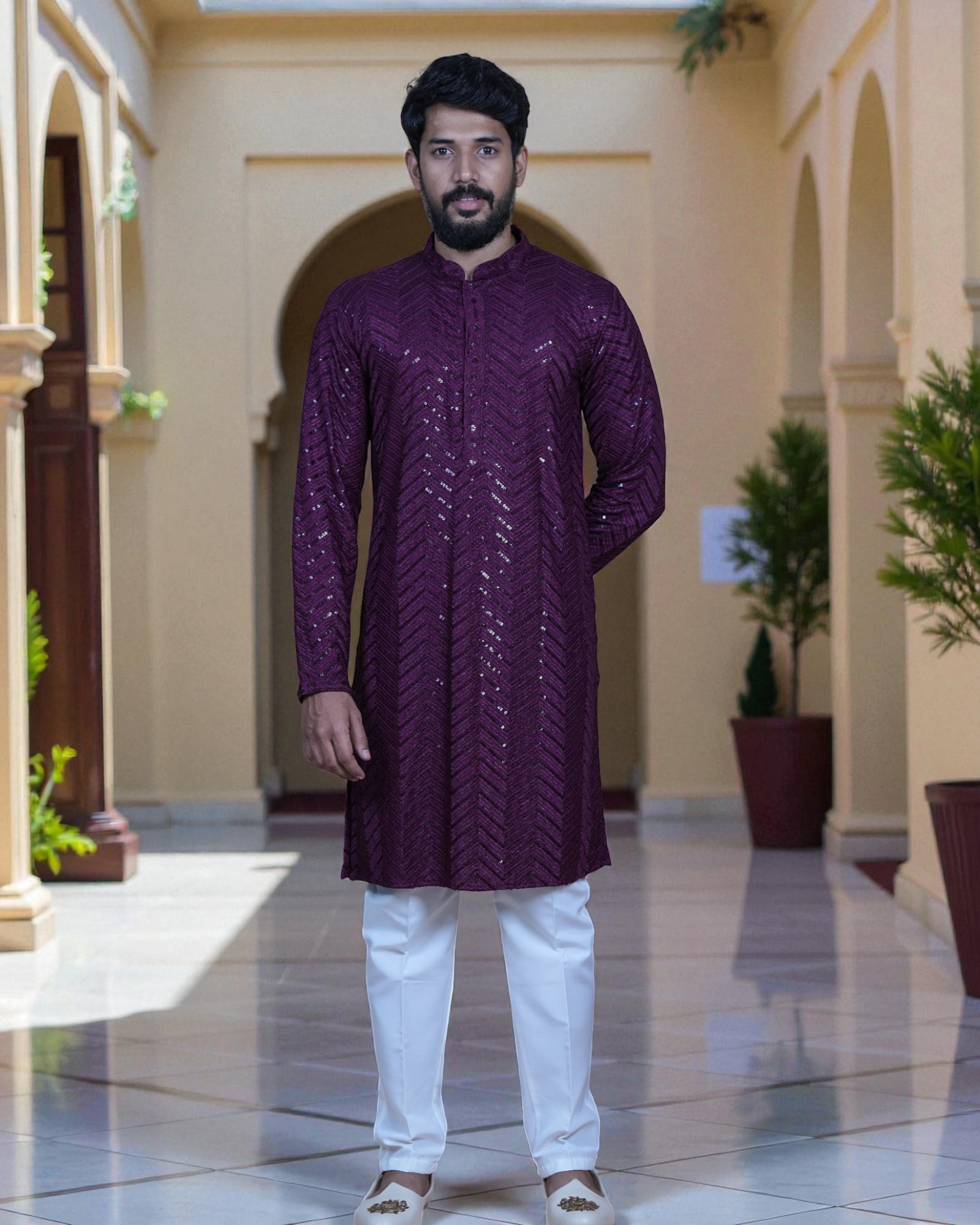 Cotton Blend Kurta Pajama with Embroidery