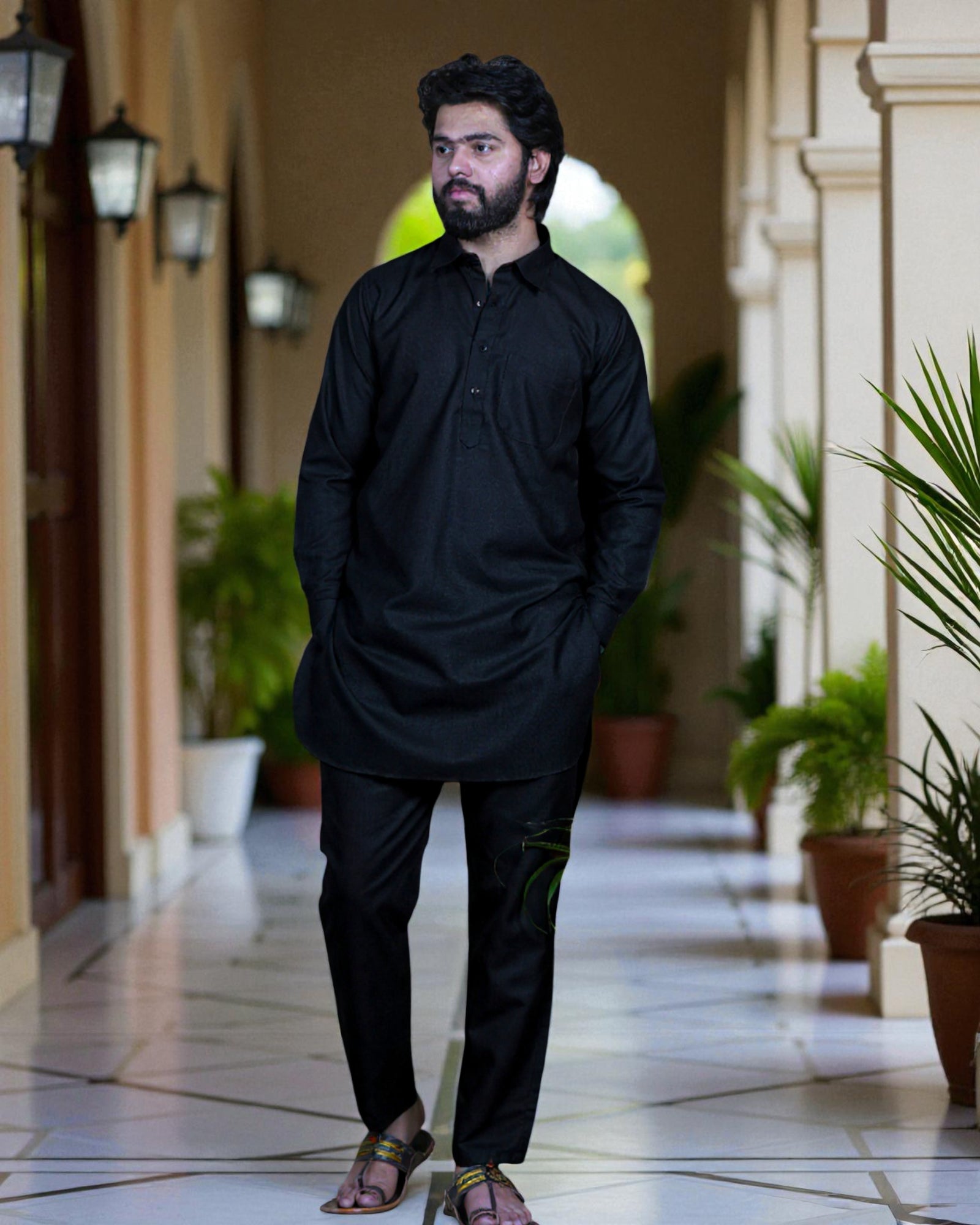 Off-White Cotton Embroidered Kurta Pajama Set