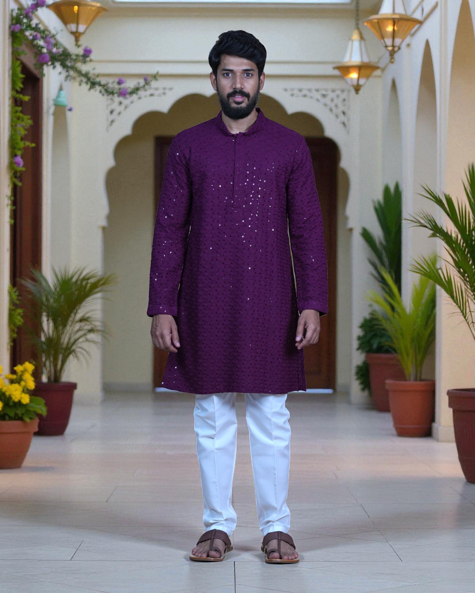 Cotton Blend Sequin Embroidered Kurta Pajama Set
