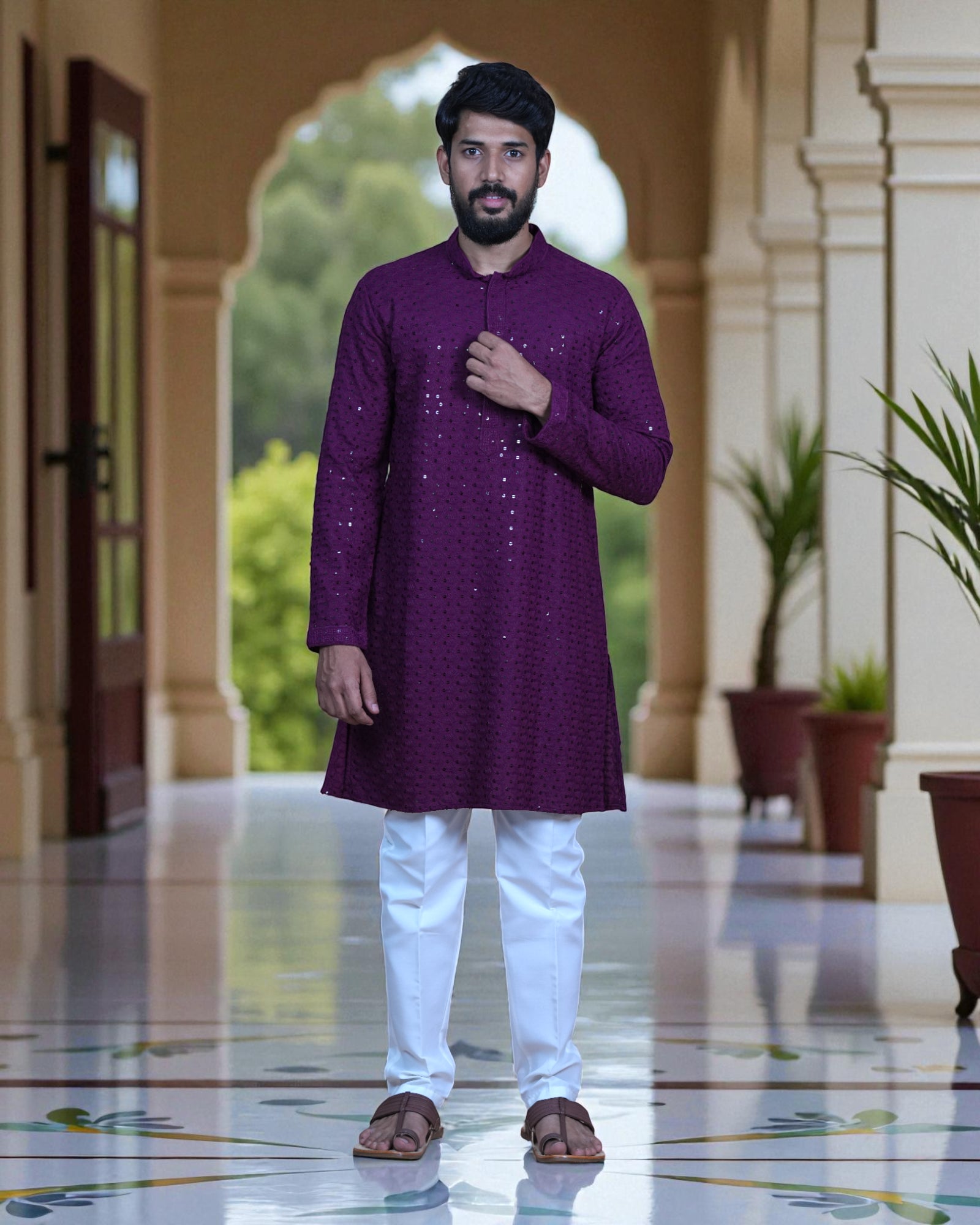 Cotton Blend Sequin Embroidered Kurta Pajama Set