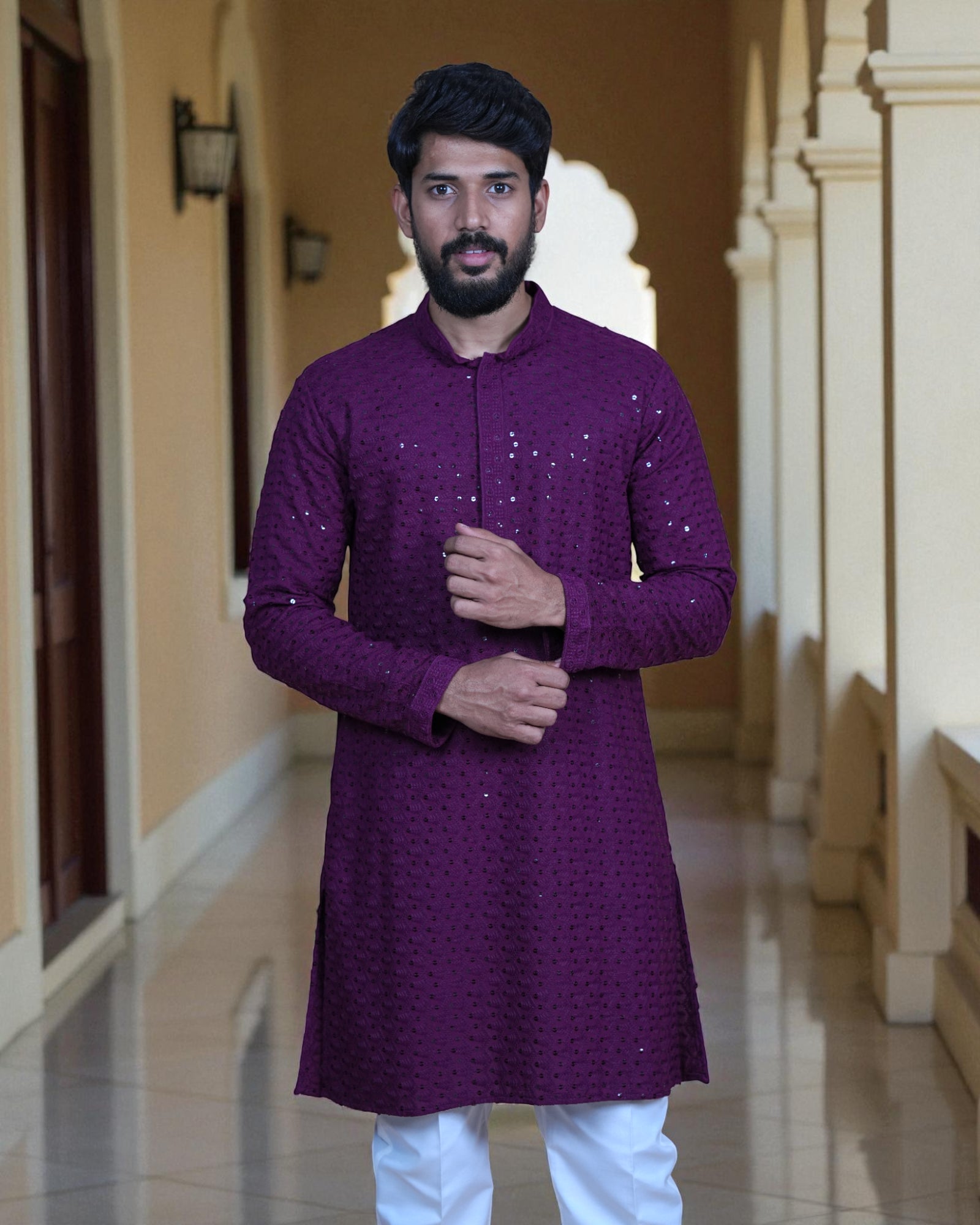 Cotton Blend Sequin Embroidered Kurta Pajama Set