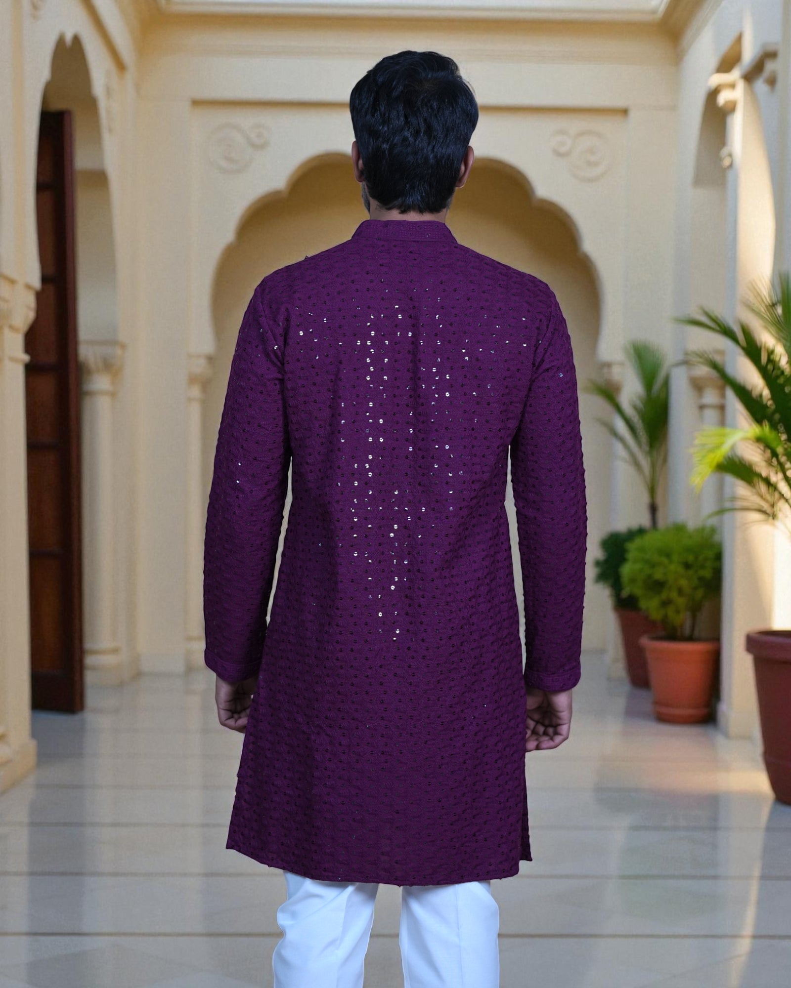 Cotton Blend Sequin Embroidered Kurta Pajama Set