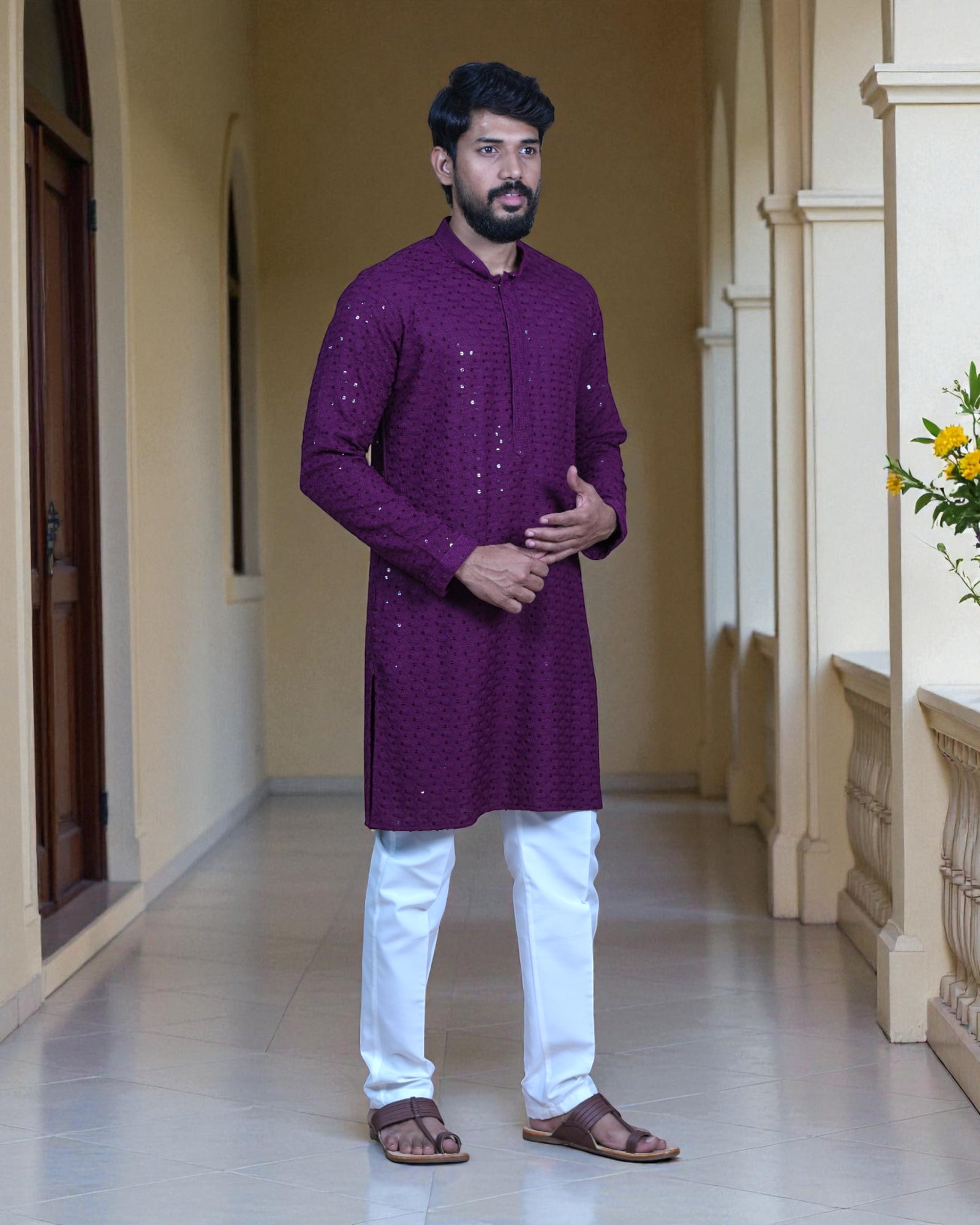 Cotton Blend Sequin Embroidered Kurta Pajama Set