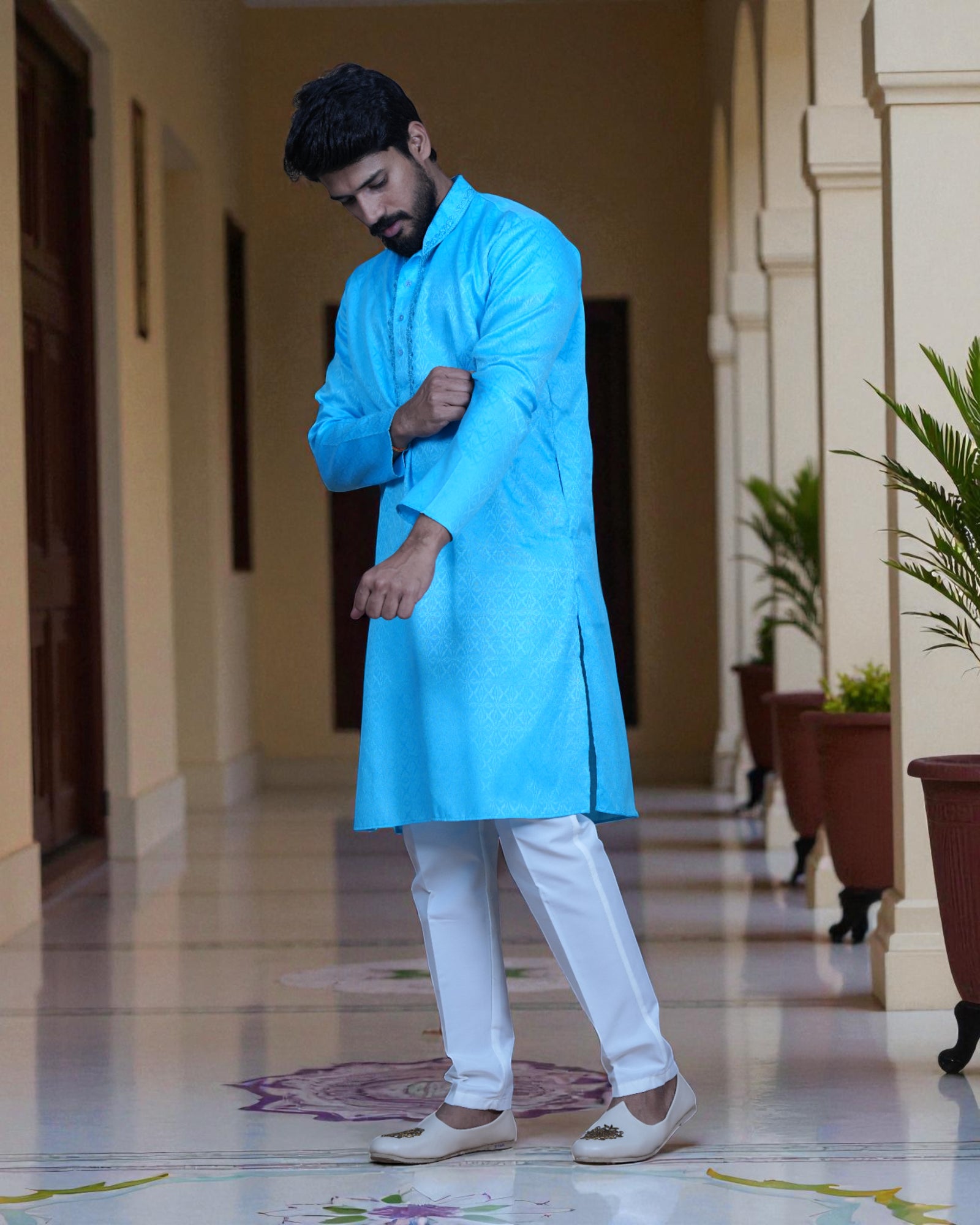 Cotton Blend Thread Embroidered Kurta Pajama Set