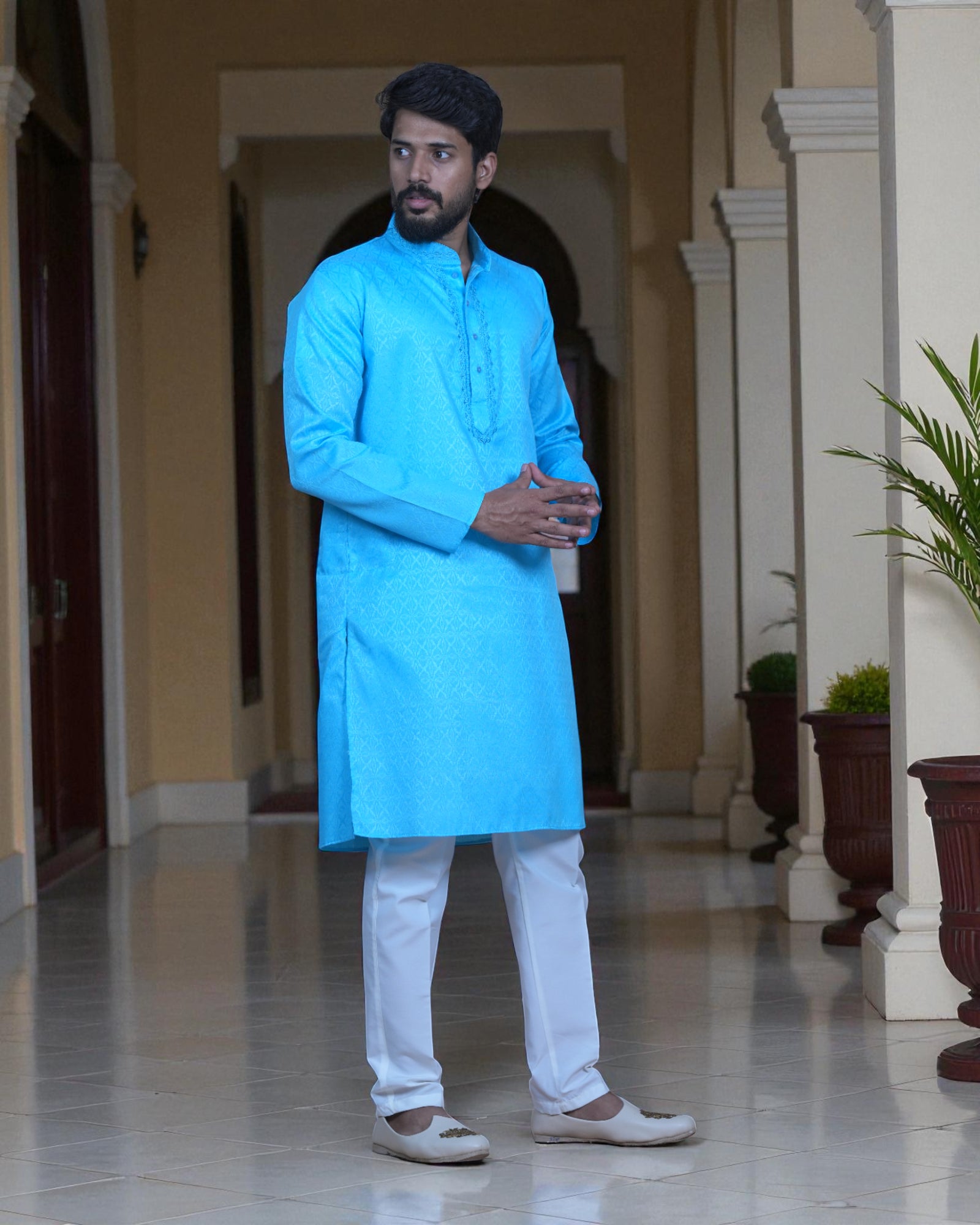 Cotton Blend Thread Embroidered Kurta Pajama Set