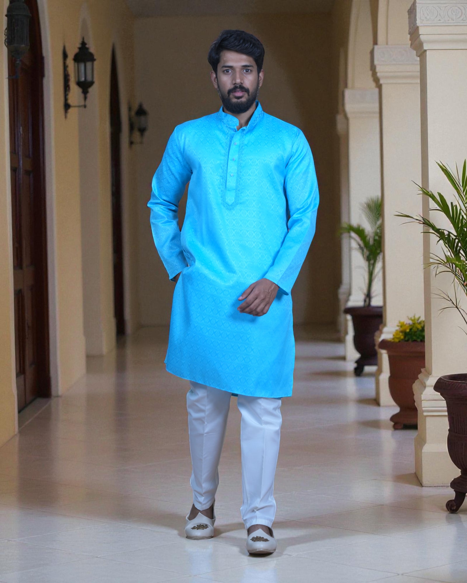 Cotton Blend Thread Embroidered Kurta Pajama Set